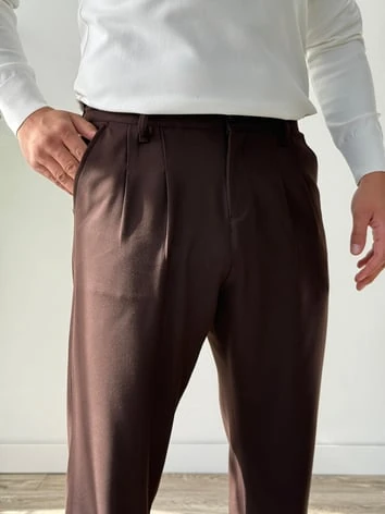 Kumaş Baggy Pile Detaylı Pantolon - Kahverengi