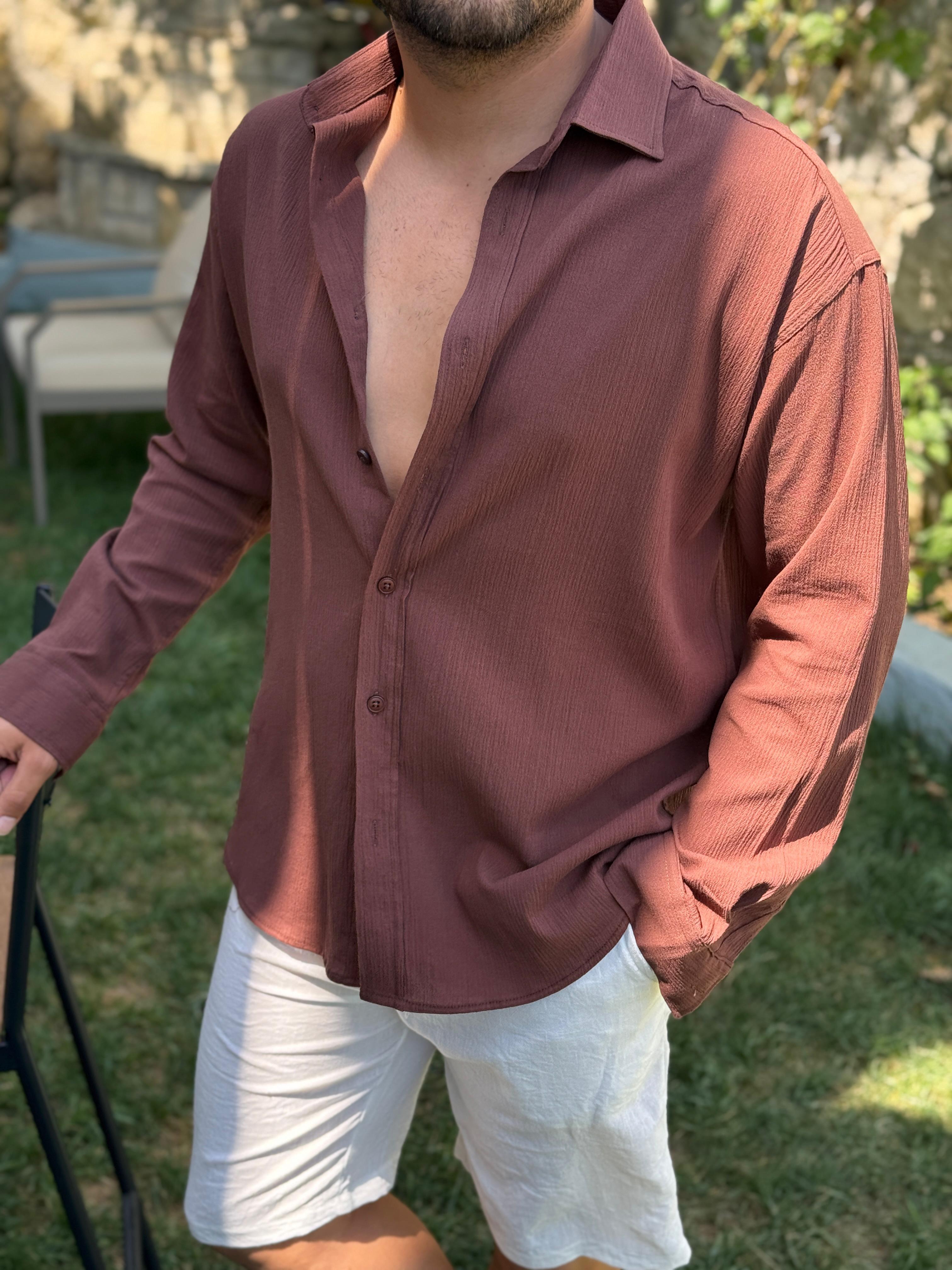 Kırinkıl Sırt Pile Detaylı Pamuklu Gömlek Acı Kahve