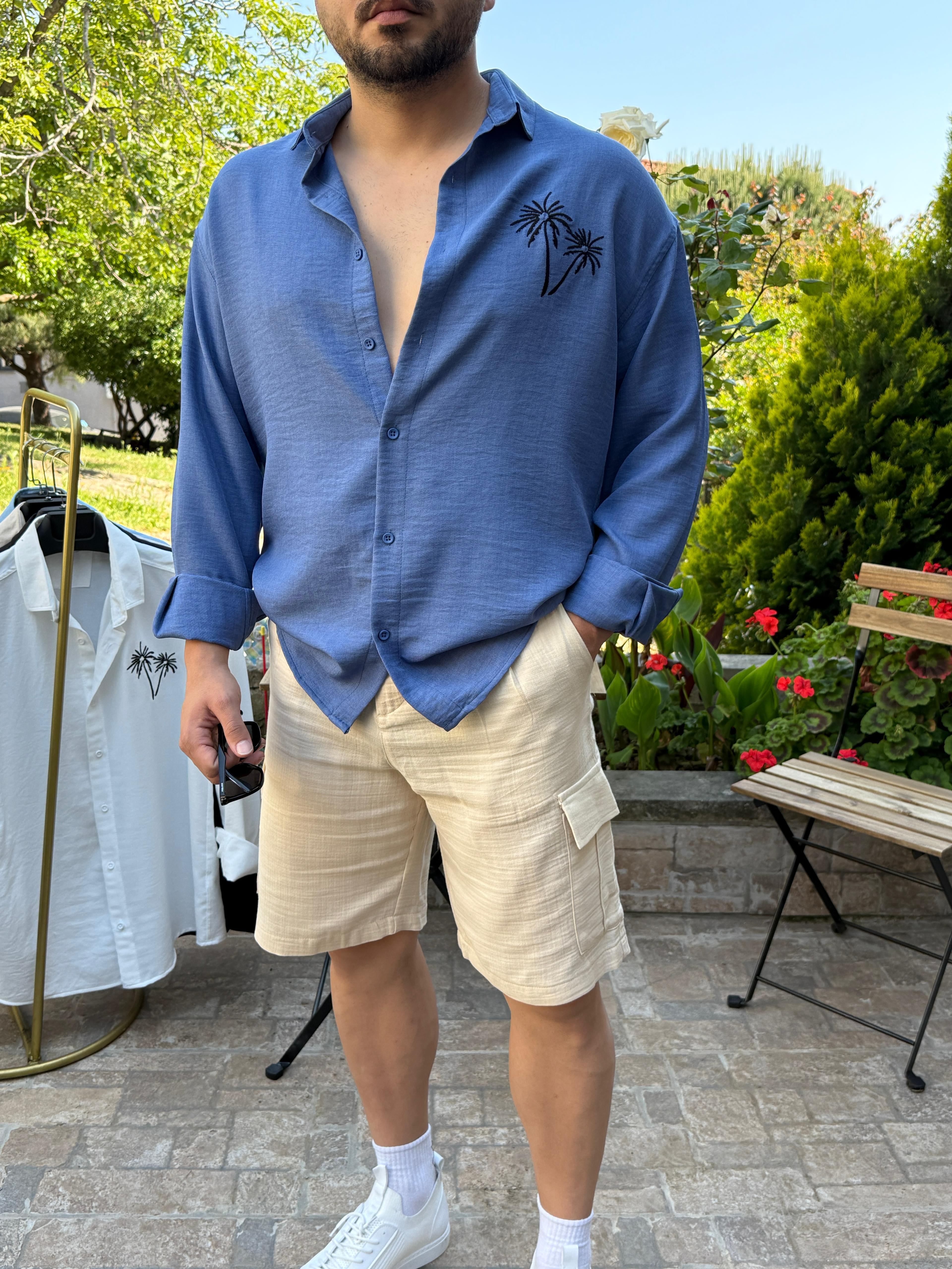 Oversize Palmiye Ağaç Nakışlı Gömlek İndigo Mavi