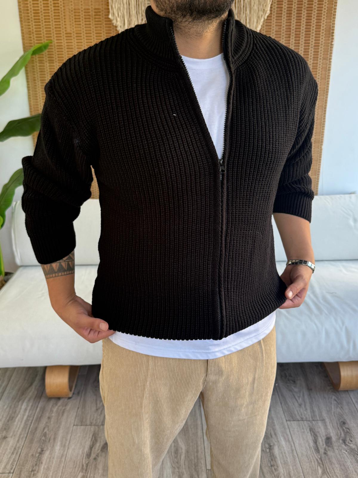 Tam Fermuar Kapamalı Triko Hırka - Siyah