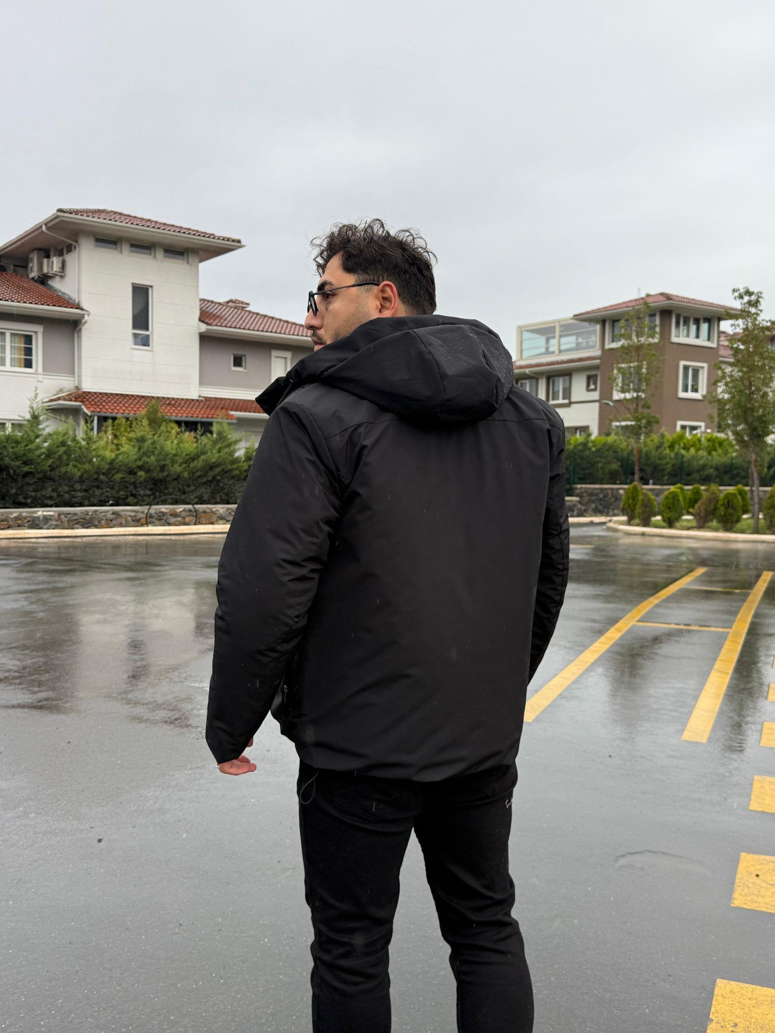 Klasik Kapüşonlu Su Geçirmez Mont  - Siyah