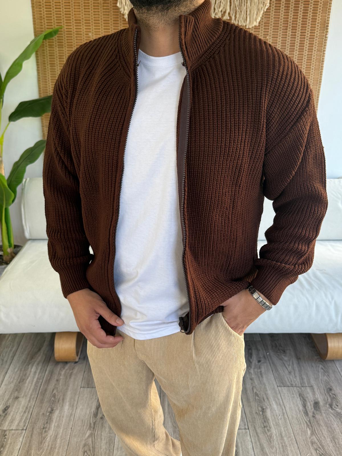 Tam Fermuar Kapamalı Triko Hırka - Kahverengi