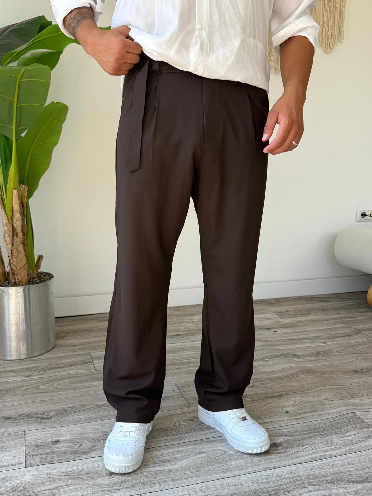 Premium Kemerli Tek Pileli Kumaş Baggy Pantolon  - Kahverengi