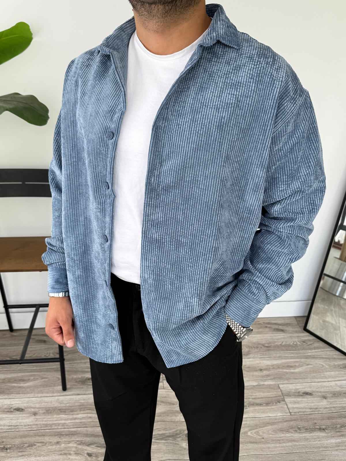 Tam Kalıp Kadife Gömlek  - Mavi