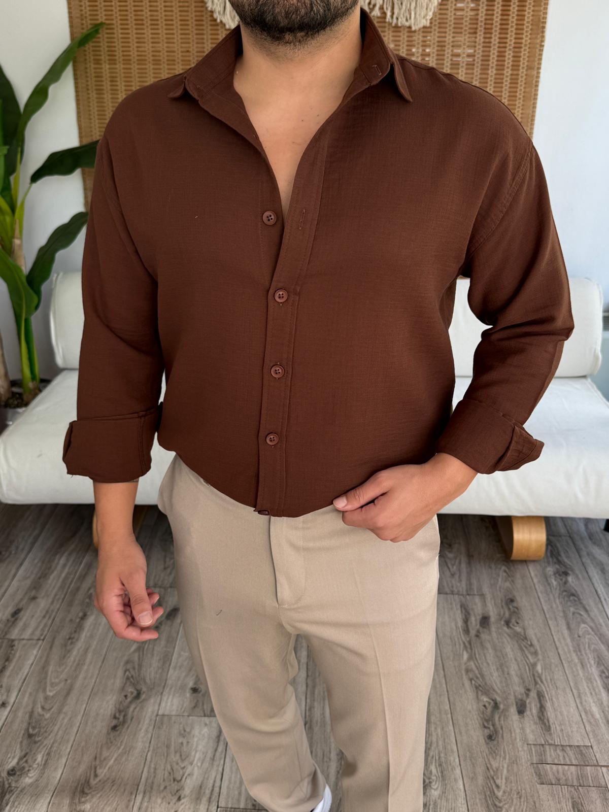 Regular Kalıp Müslin Kumaş %100 Pamuklu Gömlek - Acı Kahve