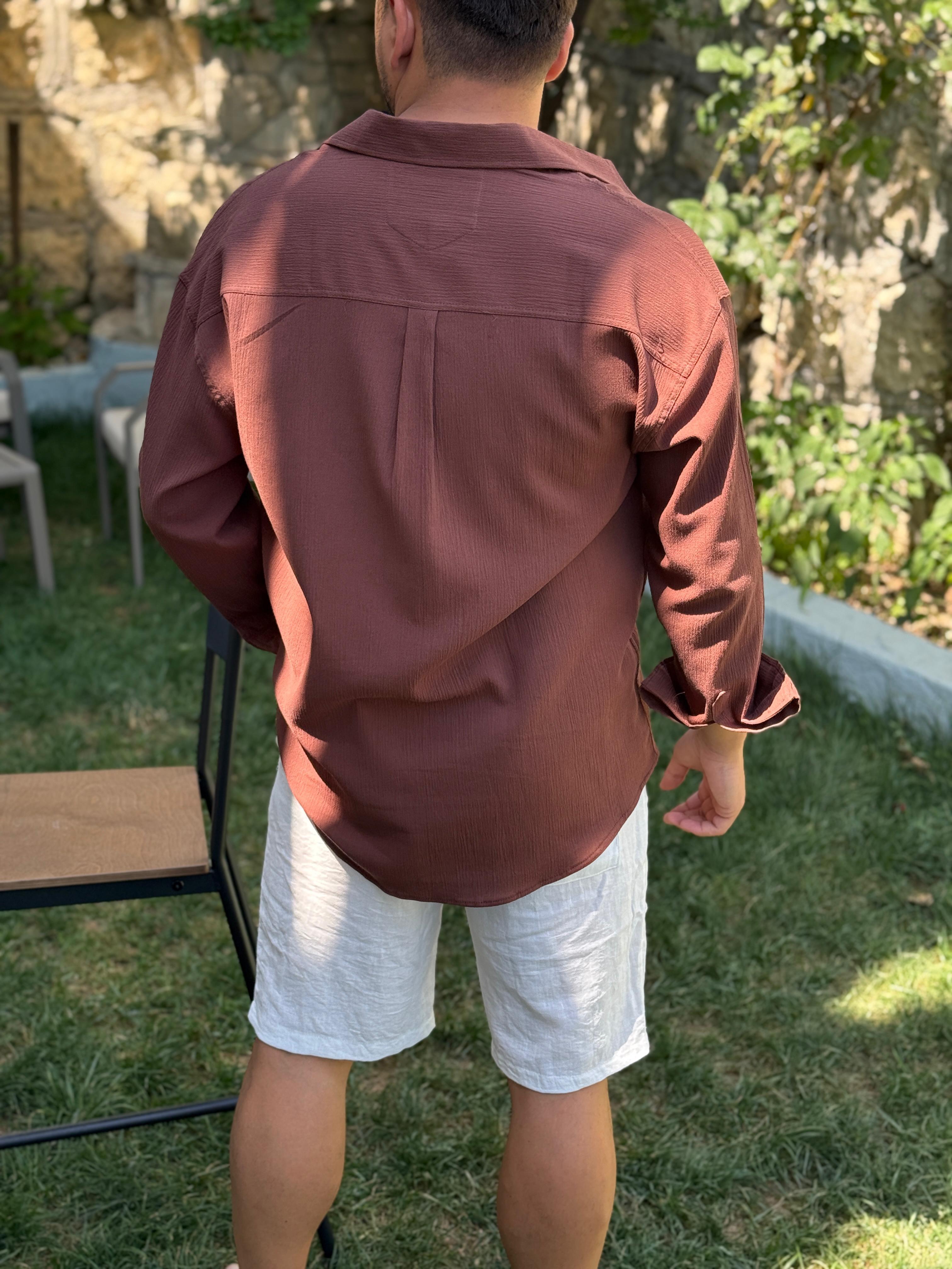 Kırinkıl Sırt Pile Detaylı Pamuklu Gömlek Acı Kahve