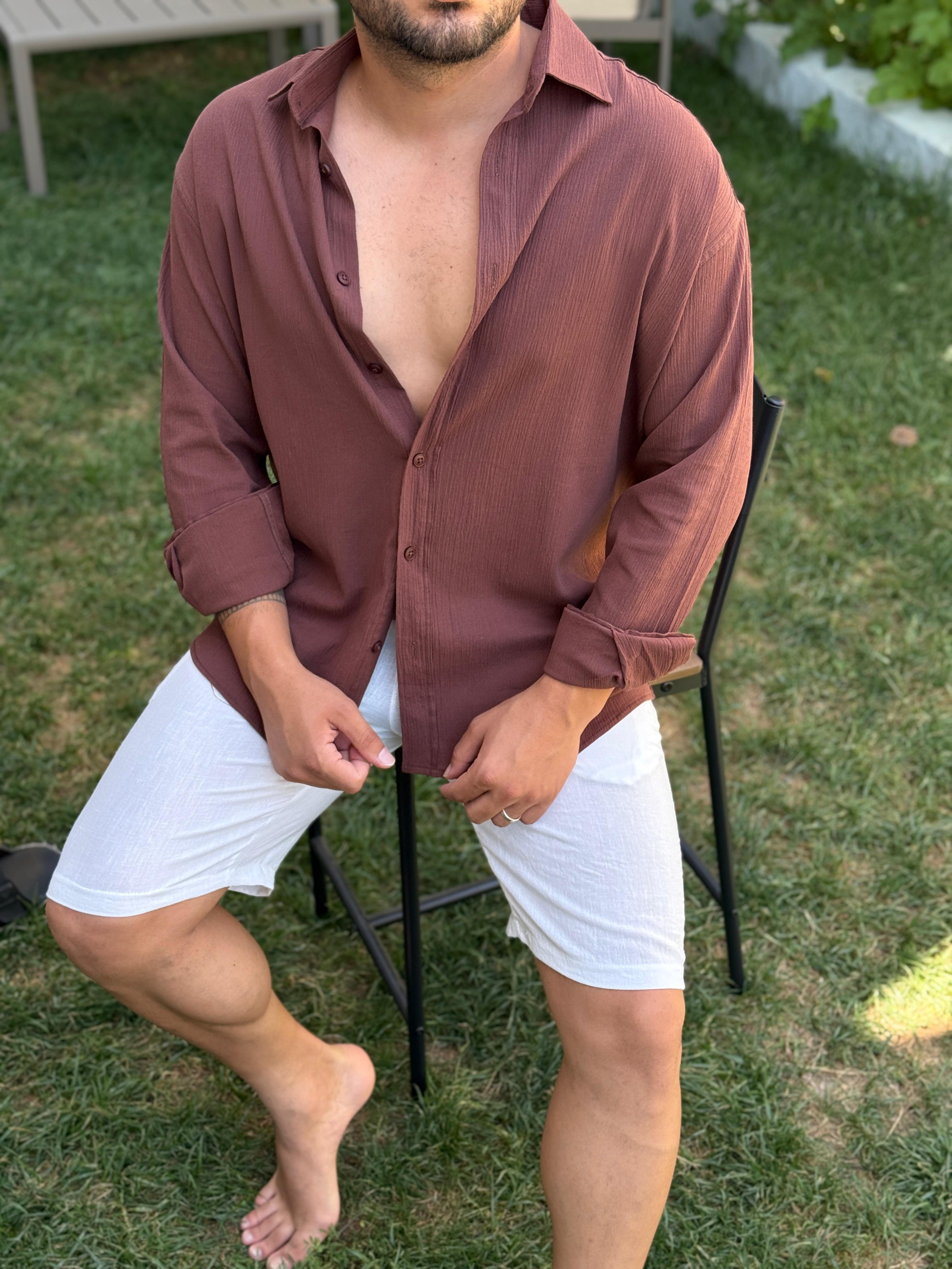 Kırinkıl Sırt Pile Detaylı Pamuklu Gömlek Acı Kahve