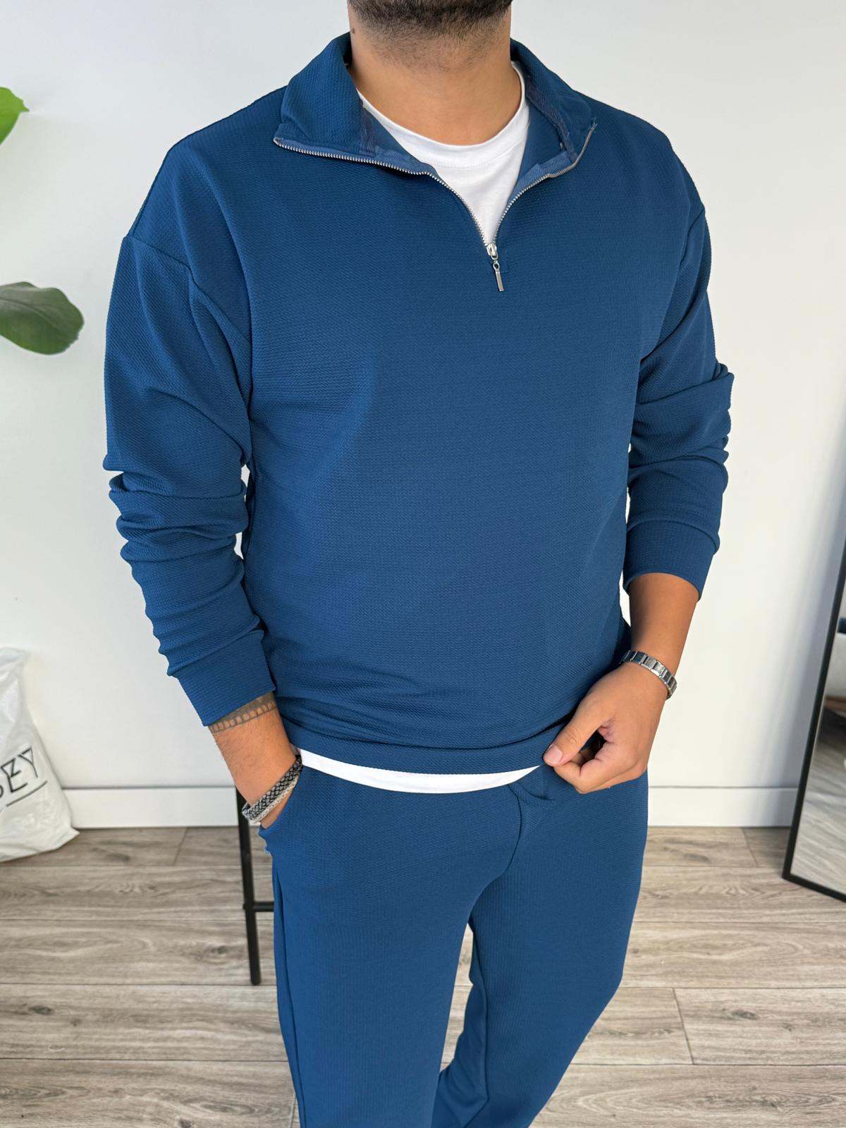 Petek Örme Alt Üst Yarım Fermuarlı Takım - İndigo