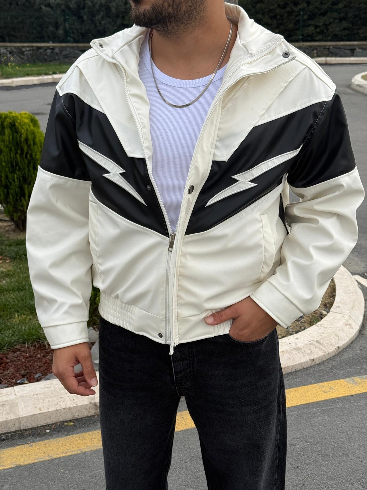 Şimşek Nakışlı Detaylı Deri Ceket  - Ekru