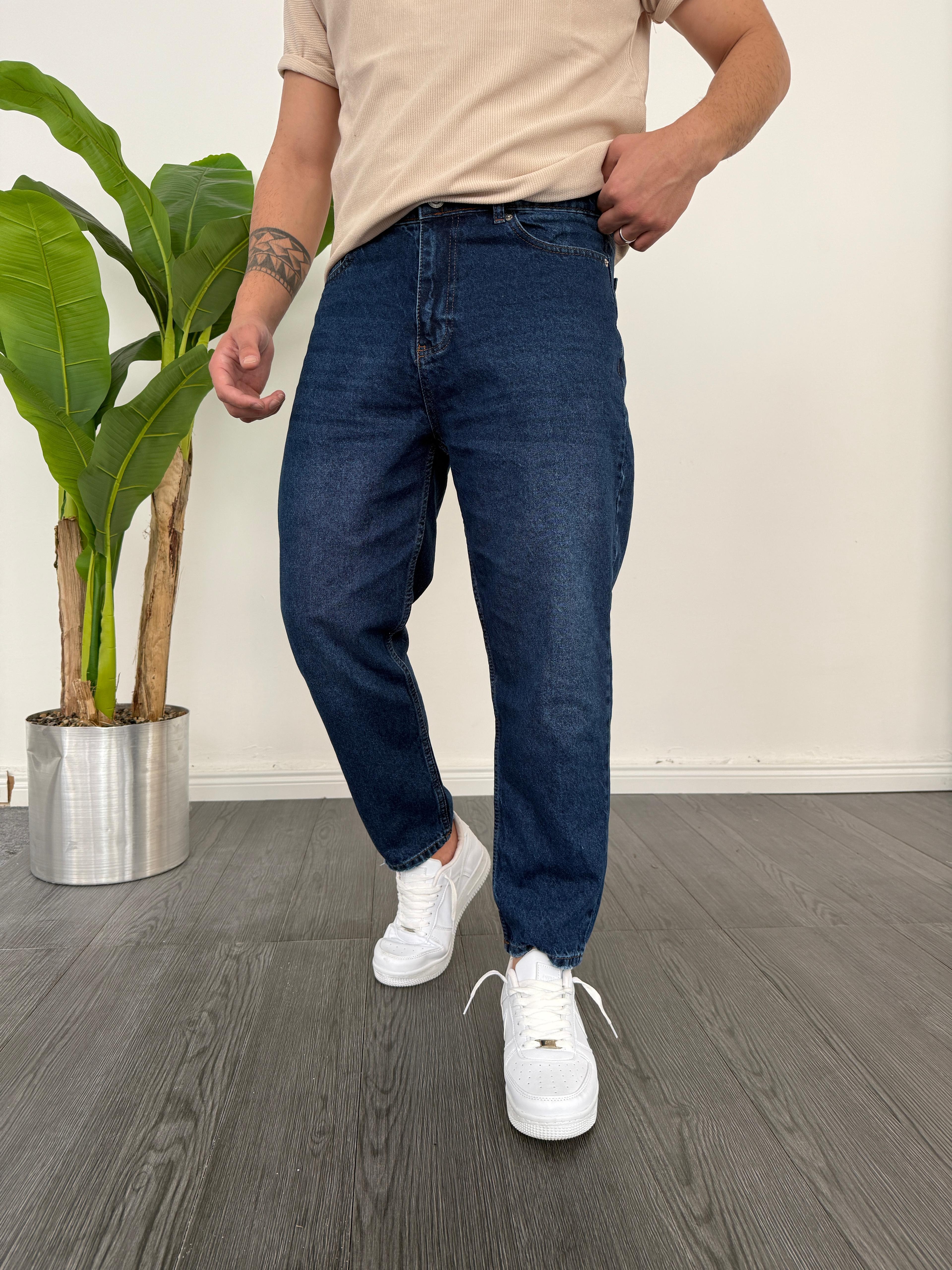 Yıkamalı Koyu Mavi Boyfriend Kot Pantolon