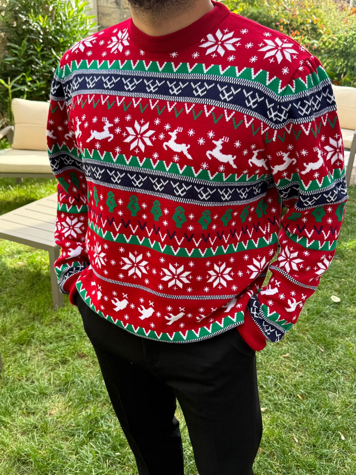 Yılbaşı Temalı Geyikli Triko Kazak  - Kırmızı