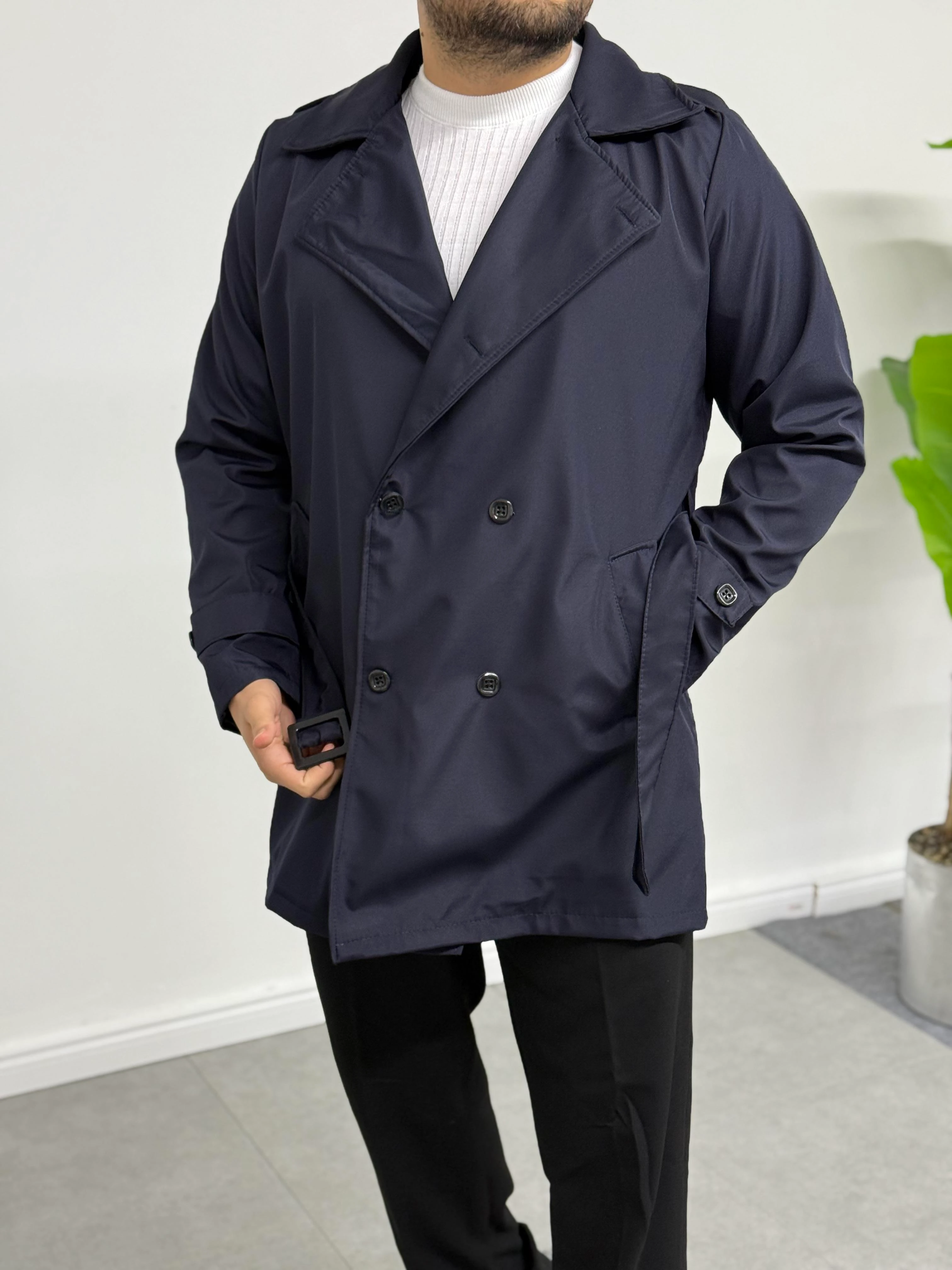 Regular Fit Apoletli Beli Kemerli Trençkot Lacivert