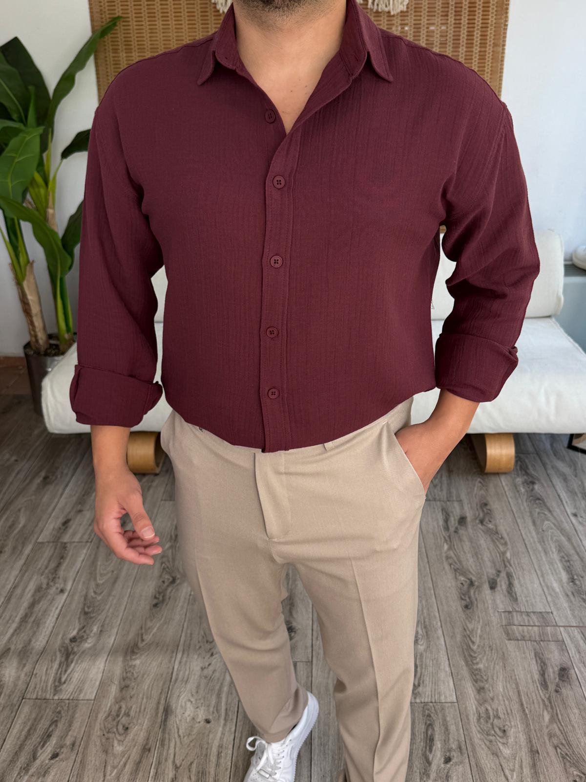 Regular Kalıp Müslin Kumaş %100 Pamuklu Gömlek - Bordo