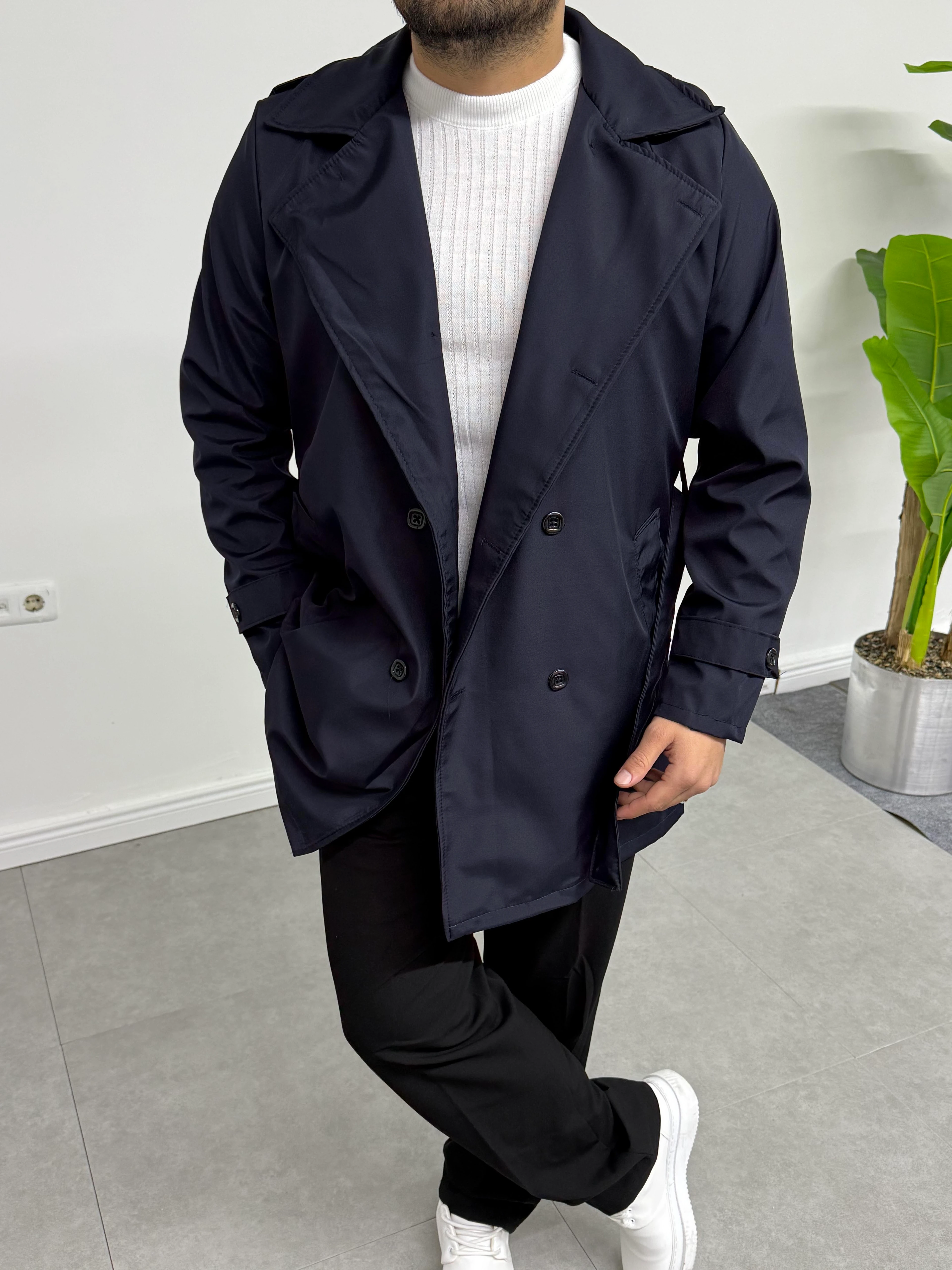 Regular Fit Apoletli Beli Kemerli Trençkot Lacivert