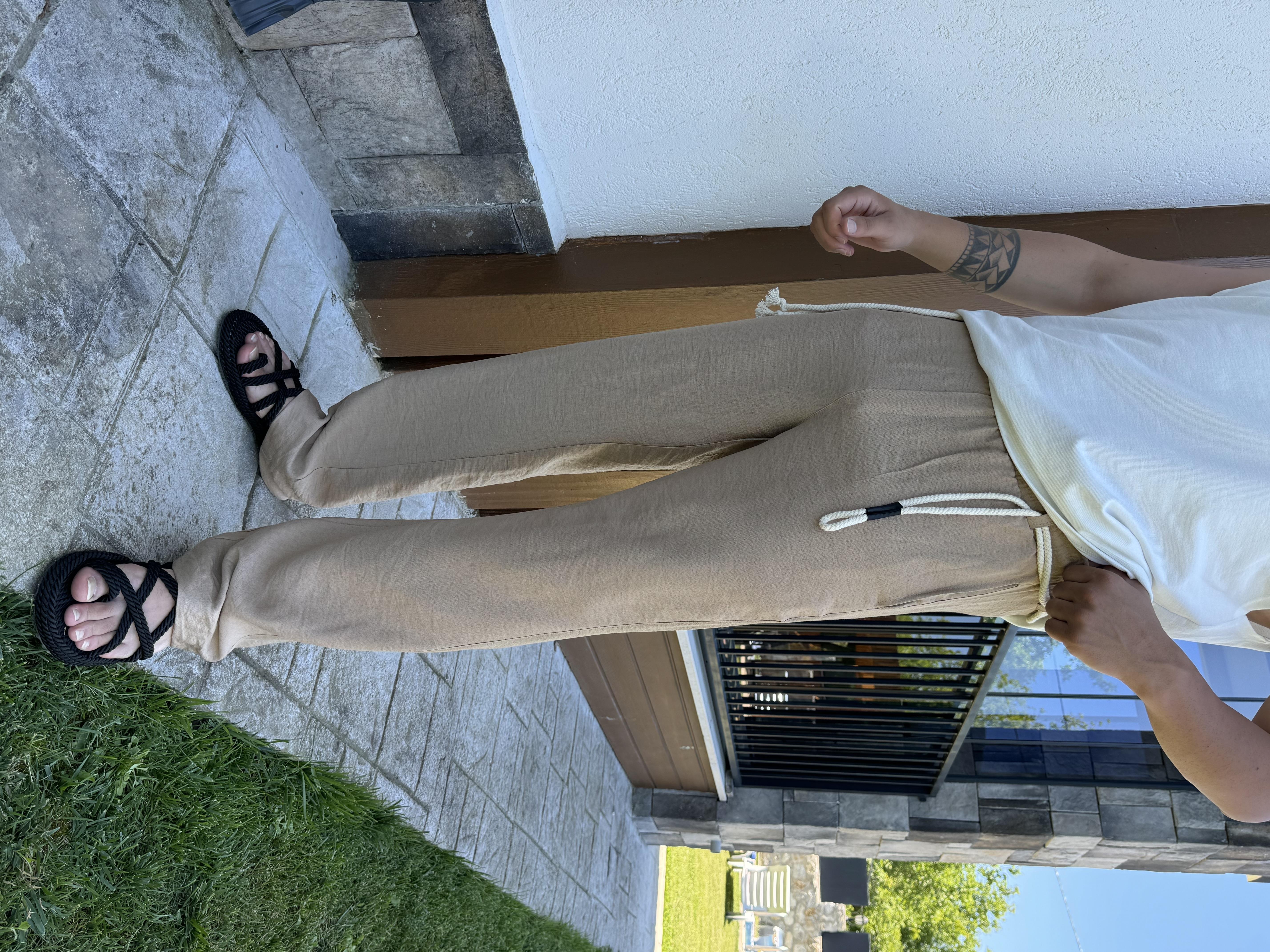 Halatlı Baggy Keten Pantolon Krem