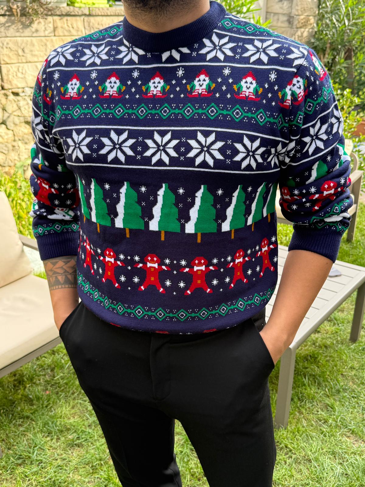 Yılbaşı temalı bisiklet yaka triko kazak - Lacivert