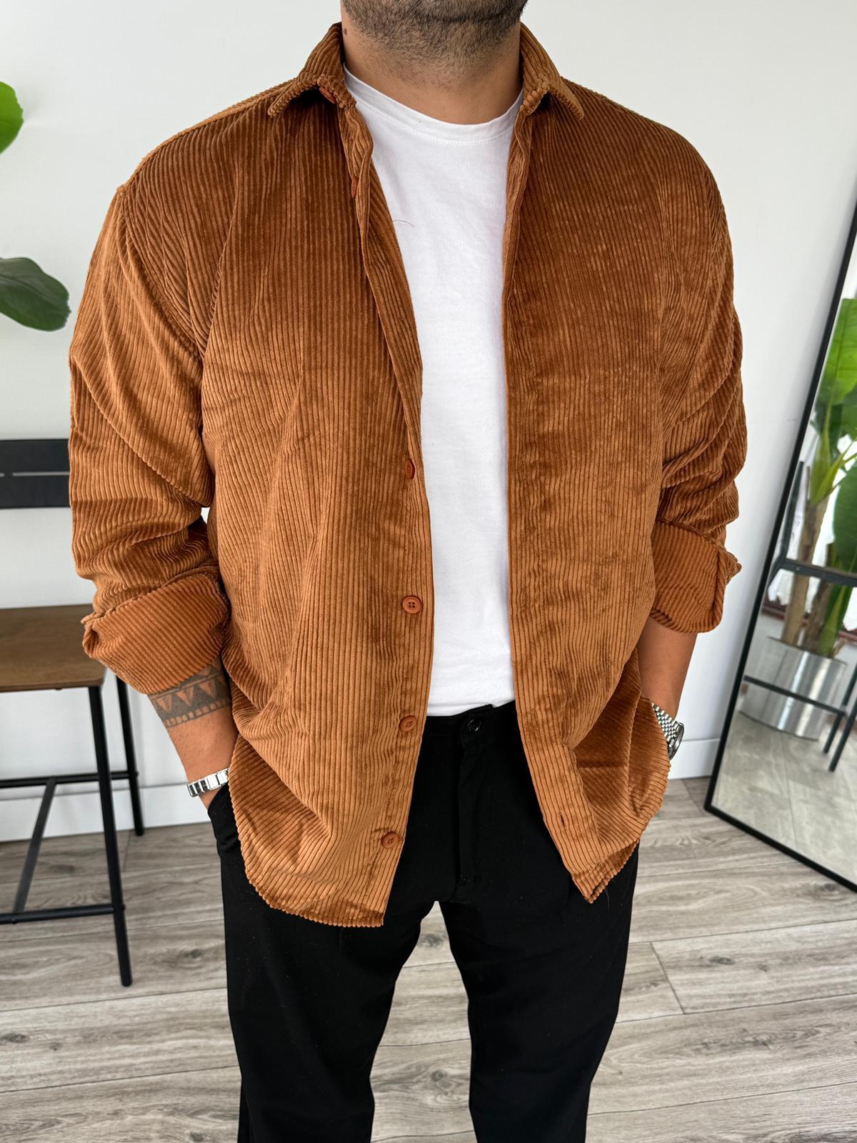 Tam Kalıp Kadife Gömlek  - açık kahve