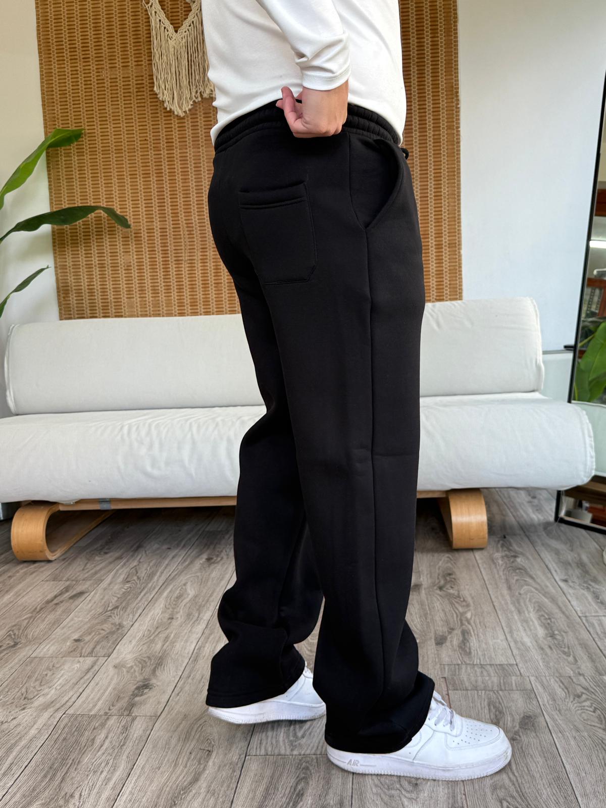 Üç İplik Şardonlu Baggy Eşofman Alt - Siyah