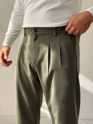 Kumaş Baggy Pile Detaylı Pantolon - Haki