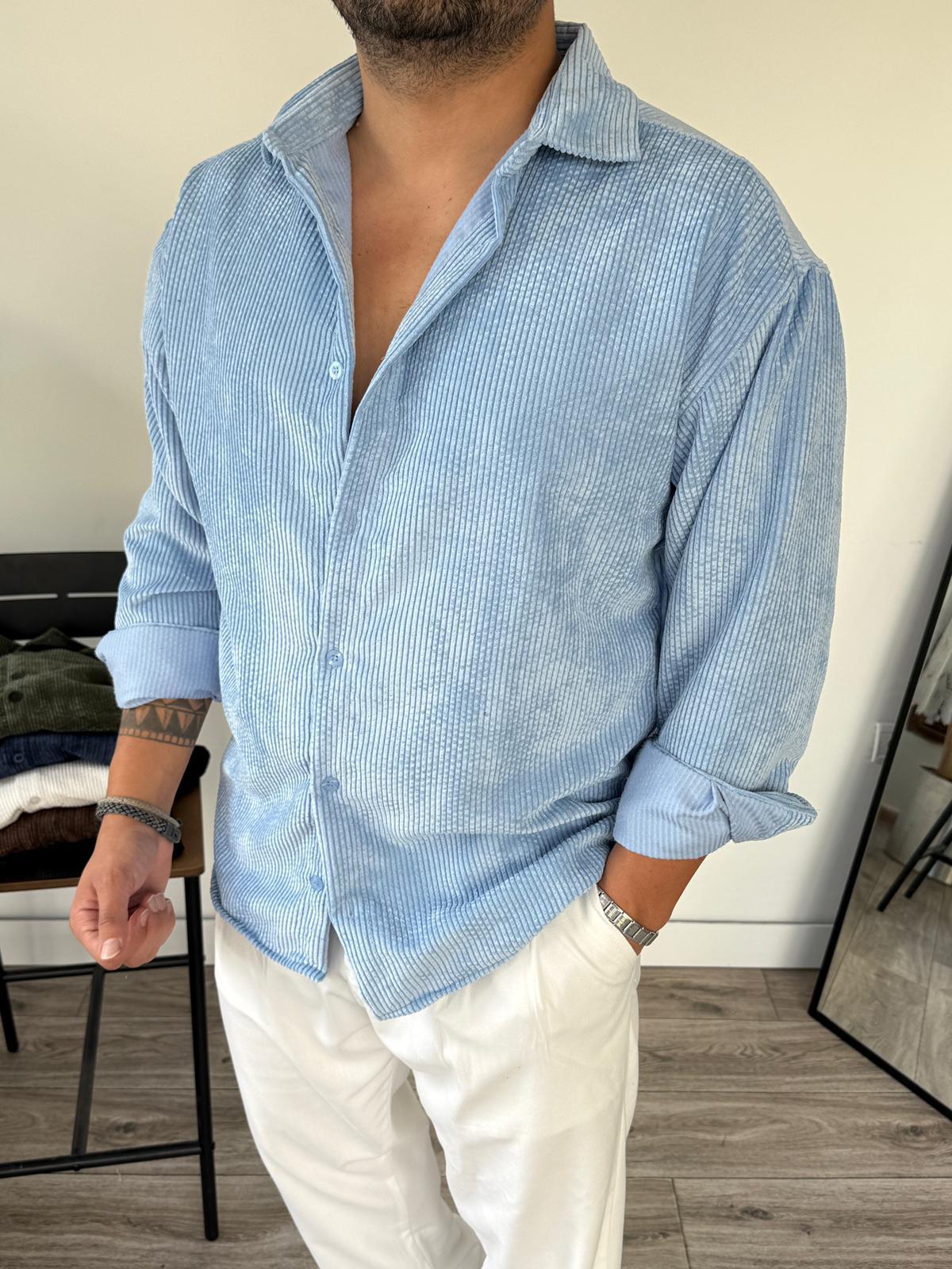 Oversize Kadife Gömlek  - Mavi