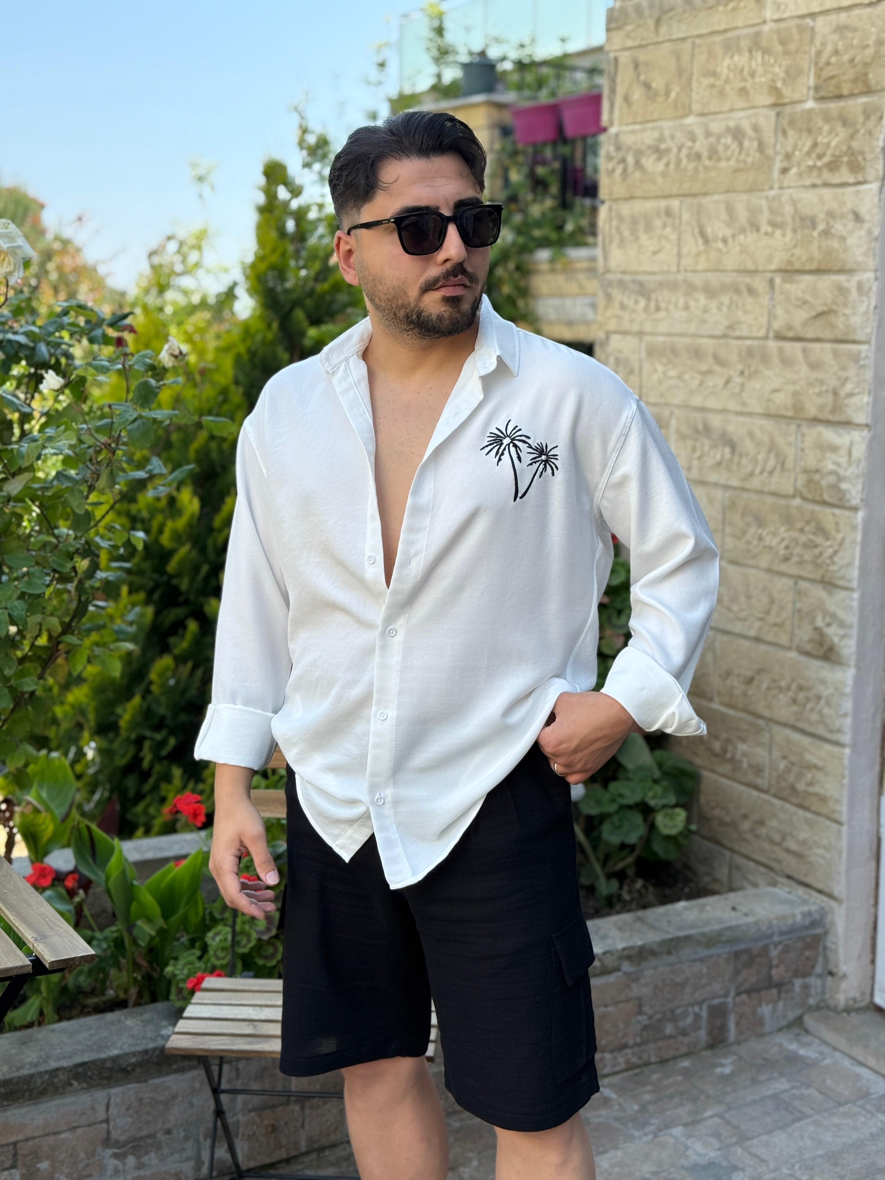 Oversize Palmiye Ağaç Nakışlı Gömlek Beyaz