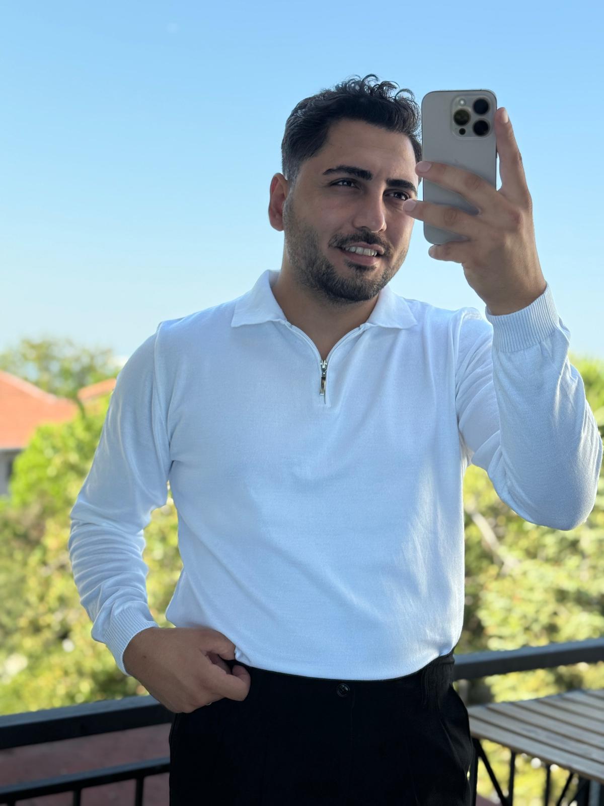 Fermuarlı İnce Triko Kazak  - Beyaz