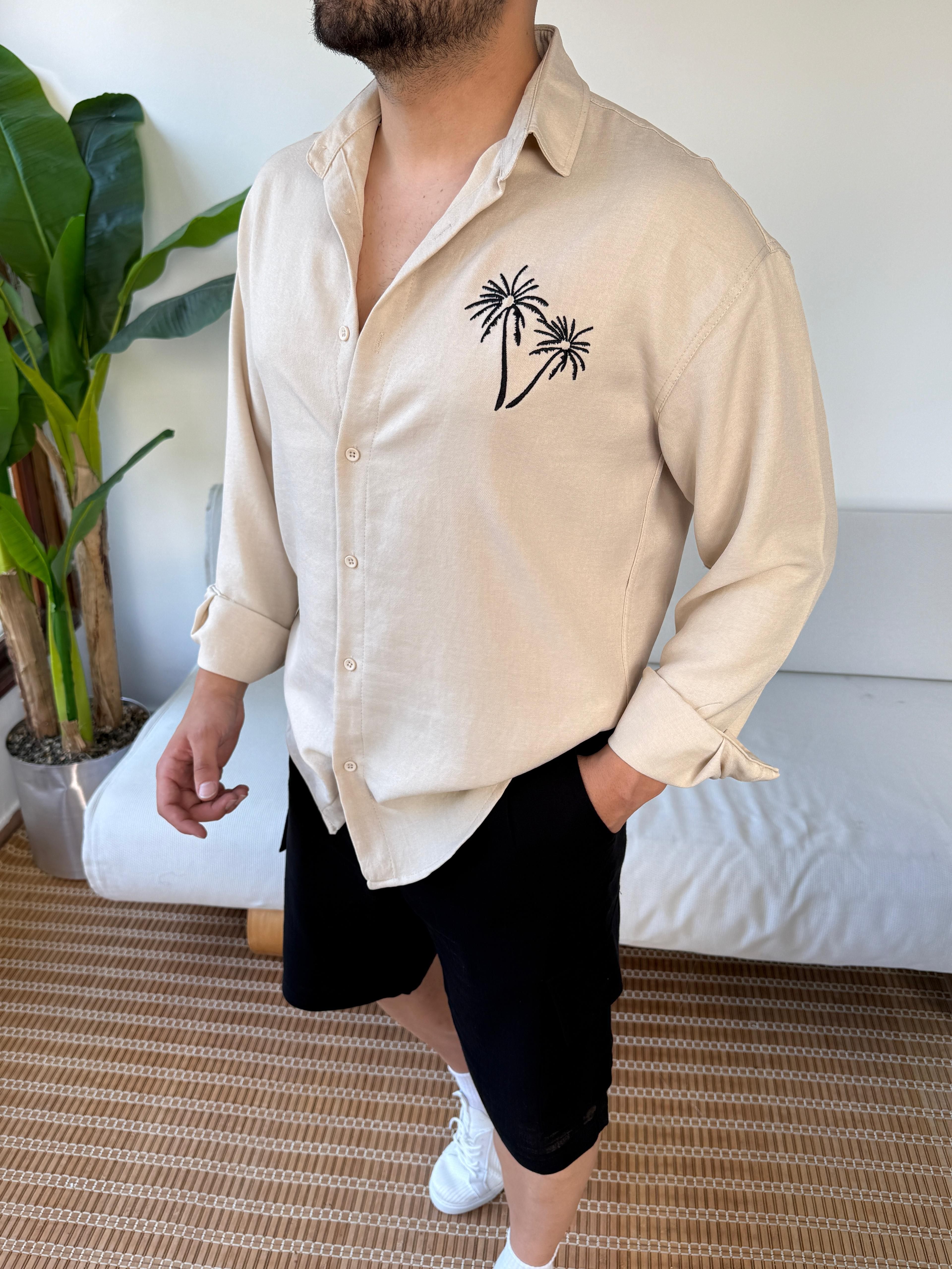 Oversize Palmiye Ağaç Nakışlı Gömlek Bej