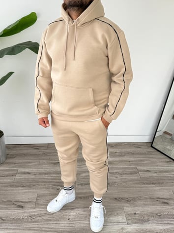 Kapüşonlu Kanguru Cepli Biyeli Alt Üst Takım - Bej