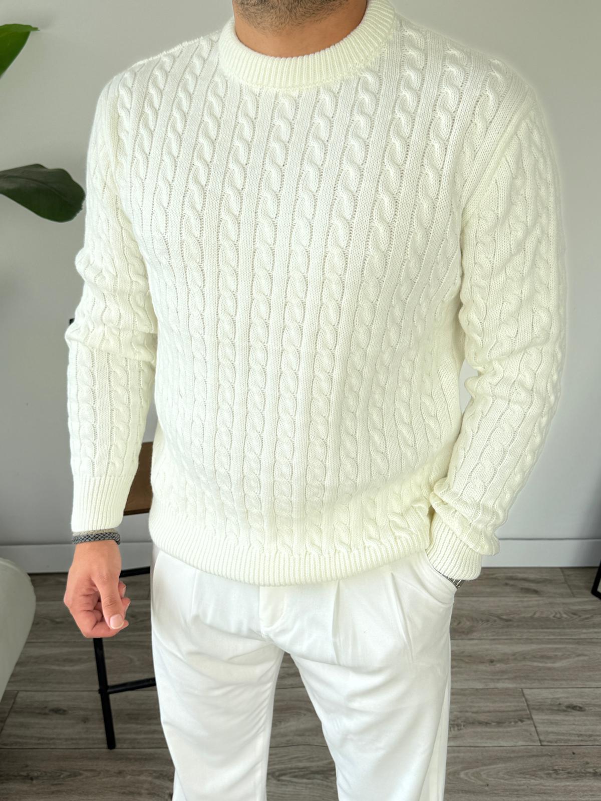 Saç Örgü Bisiklet Yaka Triko Kazak  - Ekru