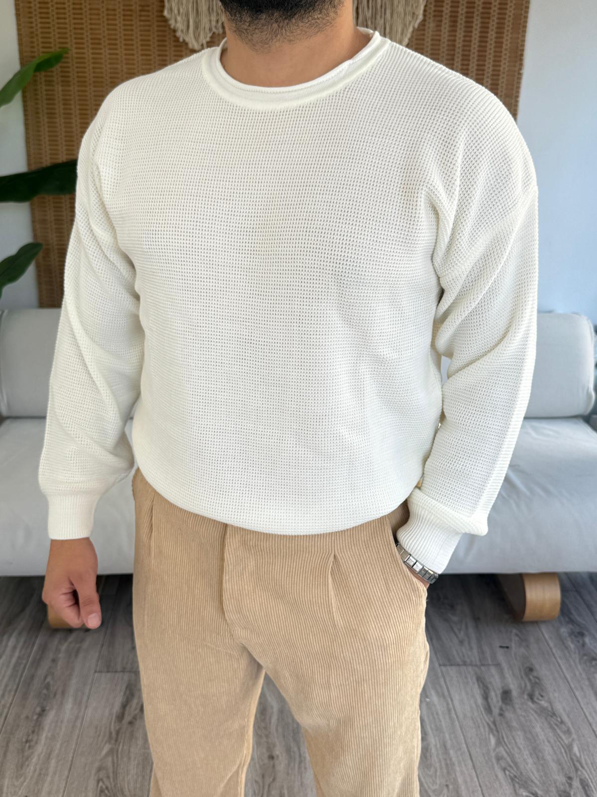 Geniş Yaka Örme Triko Kazak - Beyaz