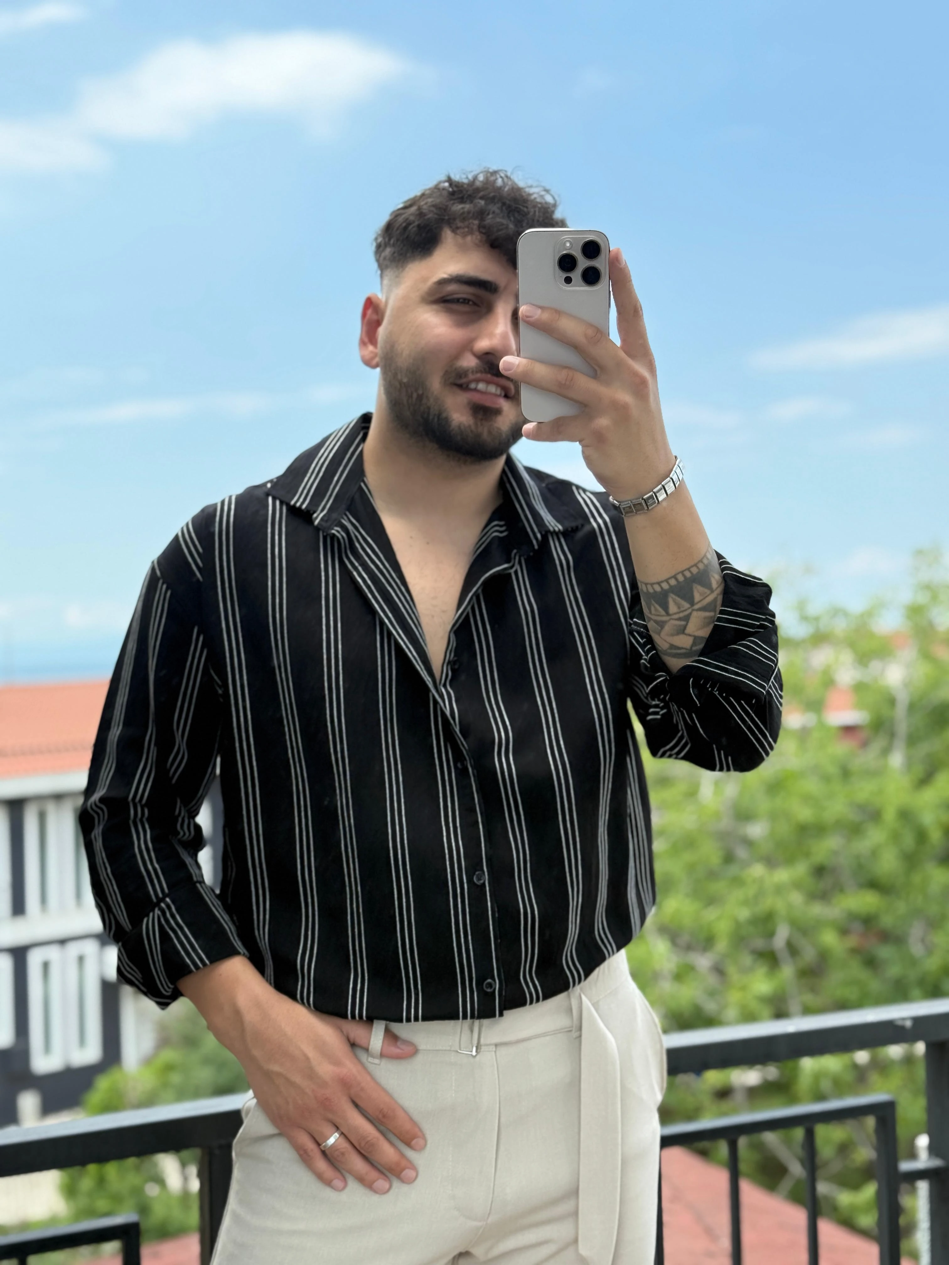 Tensel Kırinkıl 3 Çizgili Oversize Gömlek Siyah