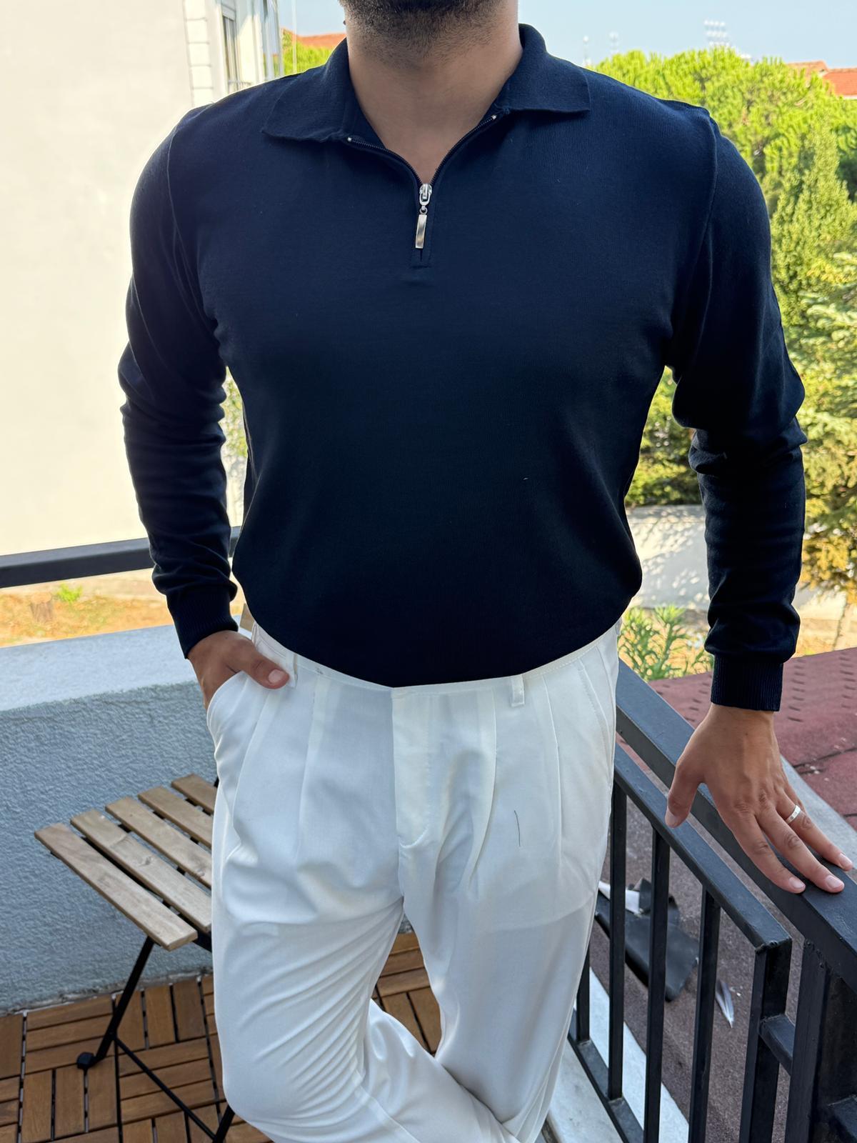 Fermuarlı İnce Triko Kazak  - Lacivert