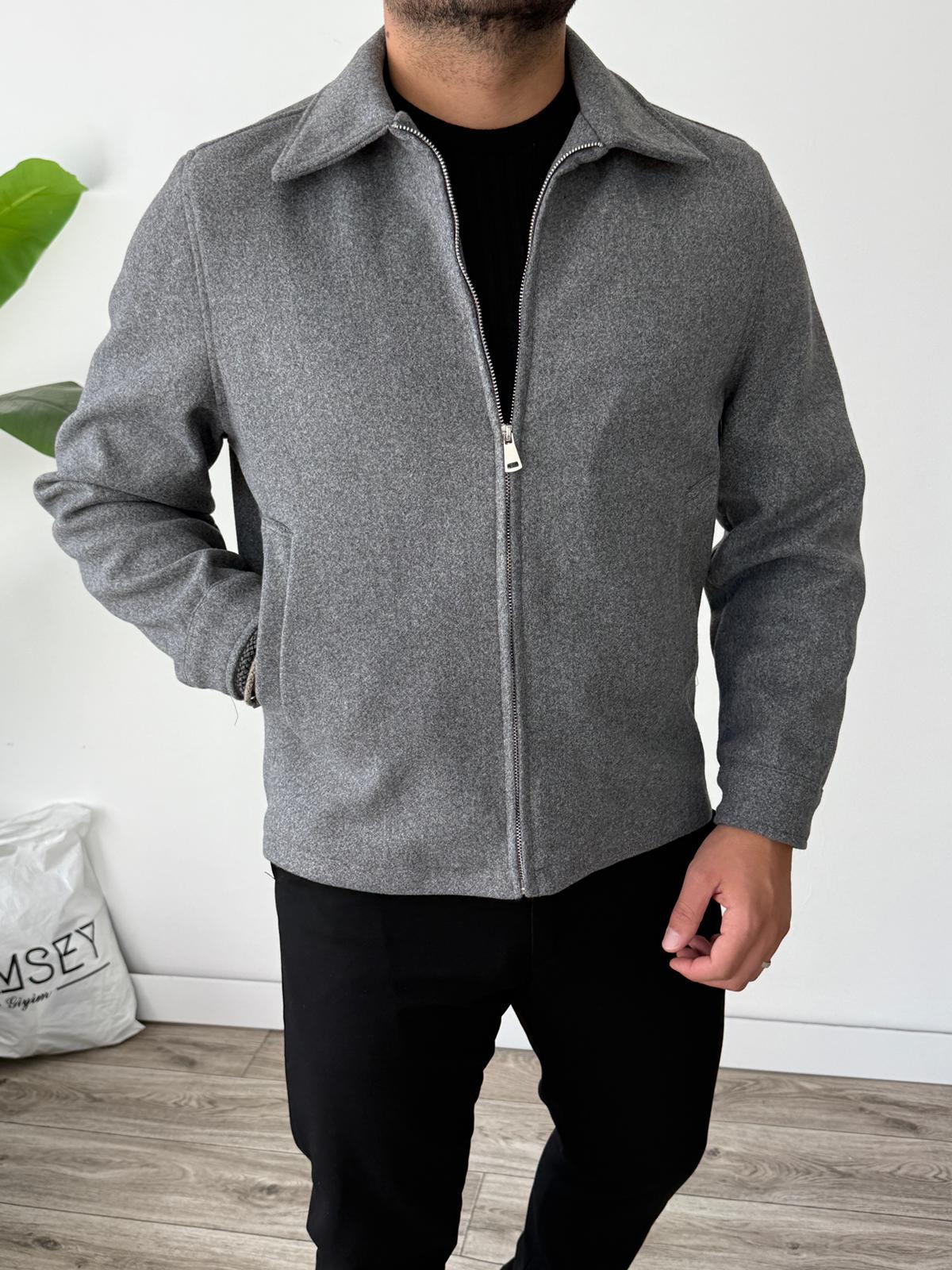 Klasik Tam Kalıp Kaşe Yakalı Ceket  - Gri