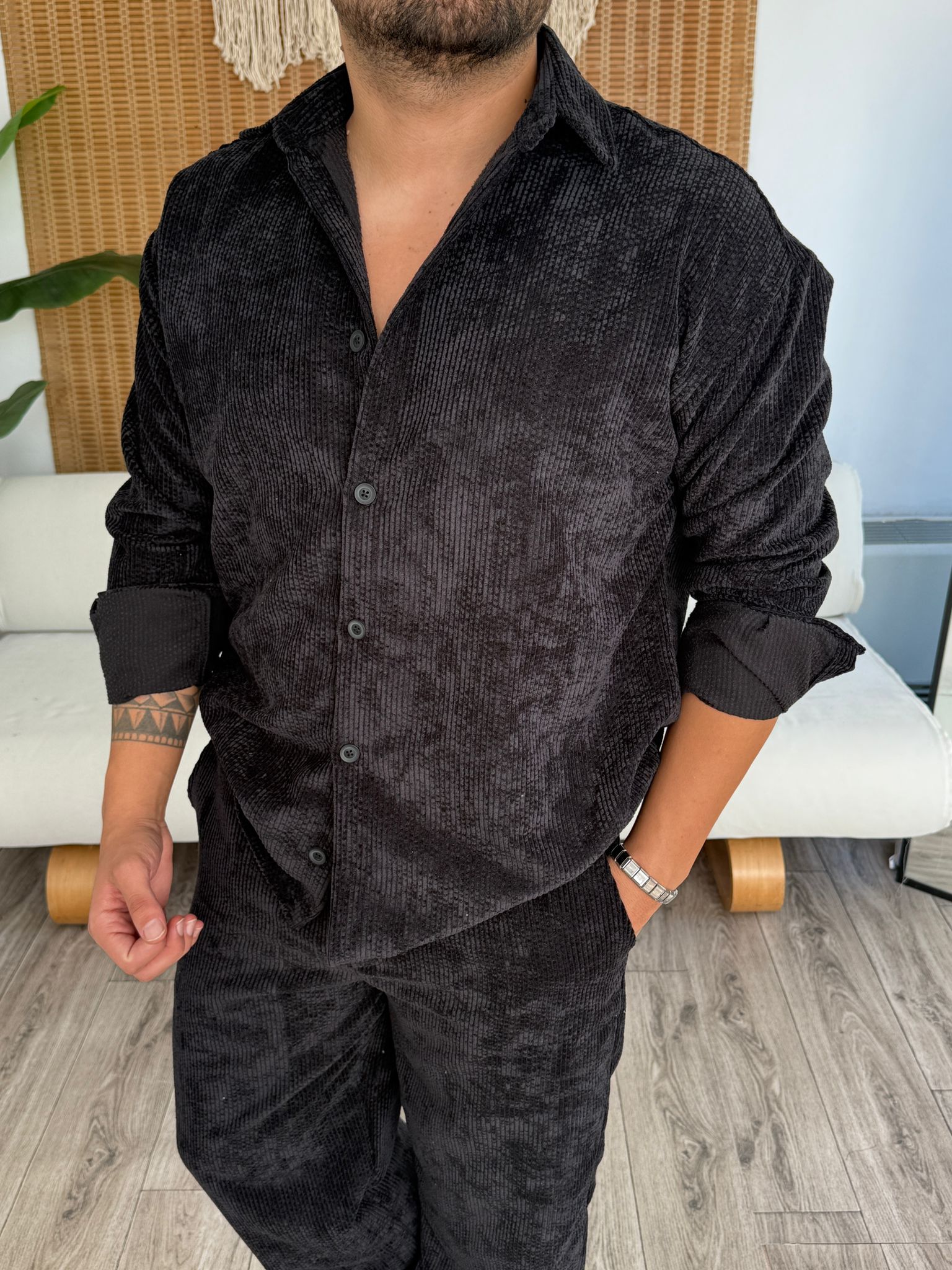 Kadife Alt Baggy Üst Gömlek  - Siyah