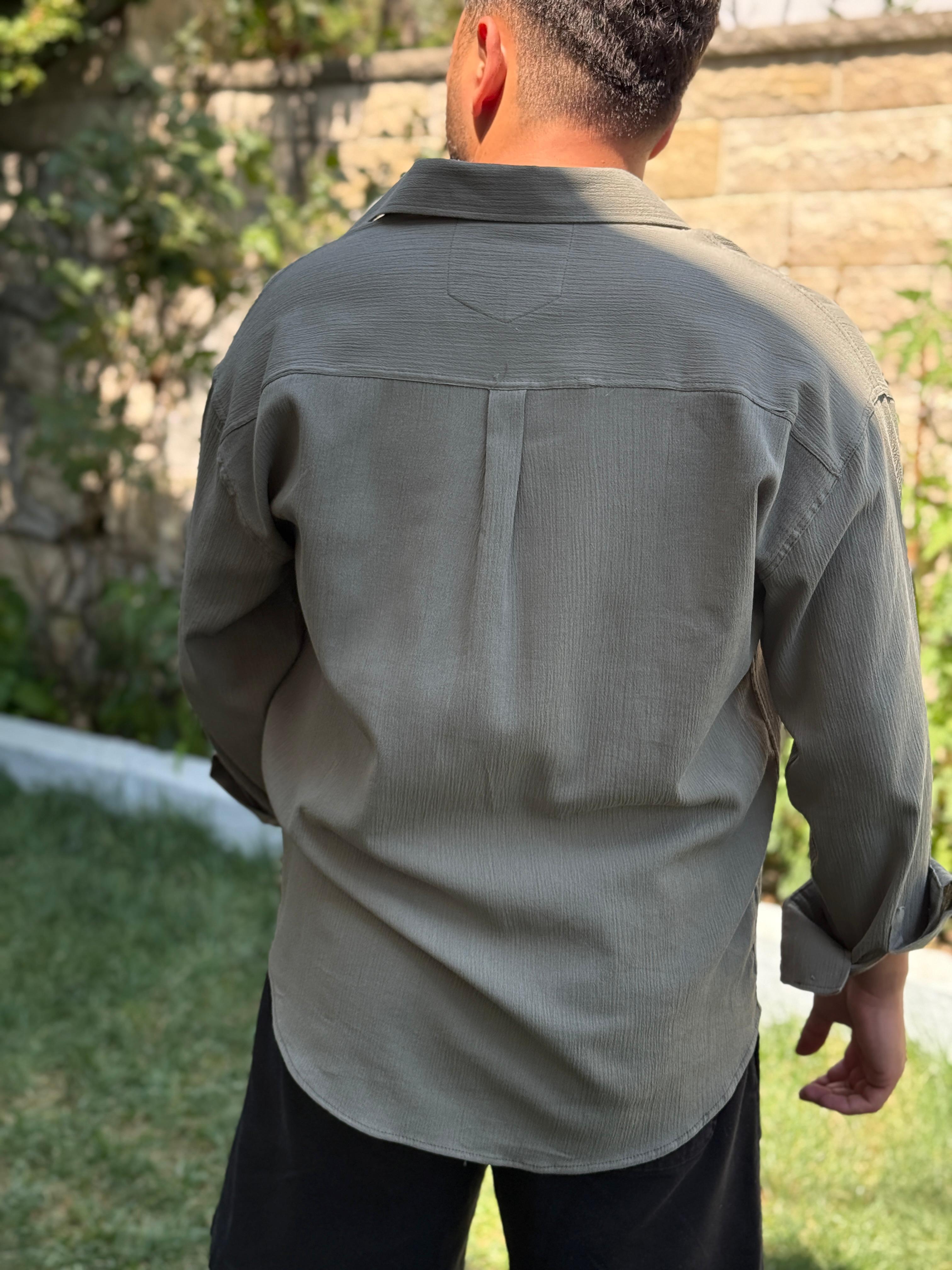 Kırinkıl Sırt Pile Detaylı Pamuklu Gömlek Haki Yeşil