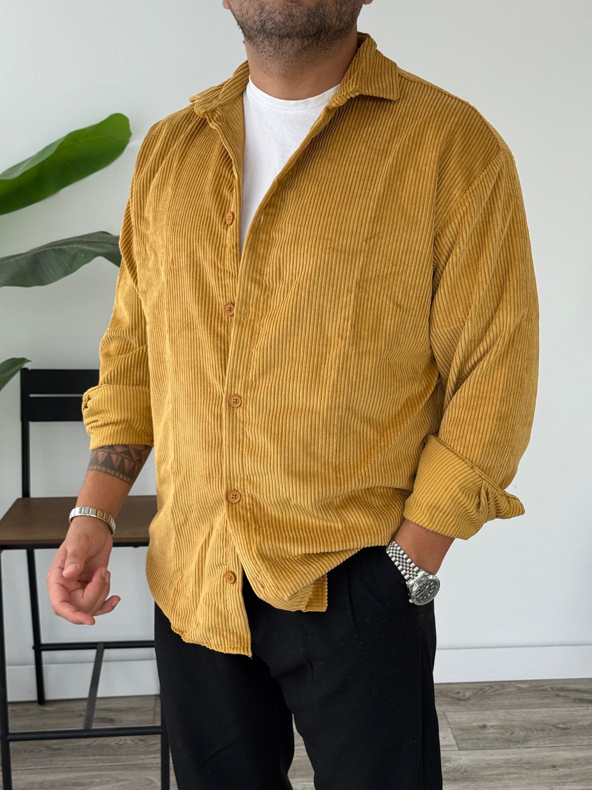 Tam Kalıp Kadife Gömlek  - Sarı
