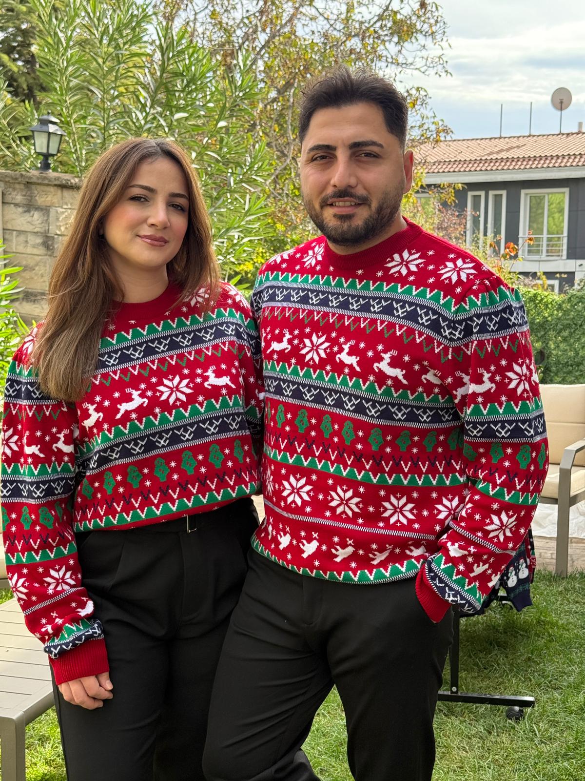 Yılbaşı Temalı Geyikli Triko Kazak  - Kırmızı