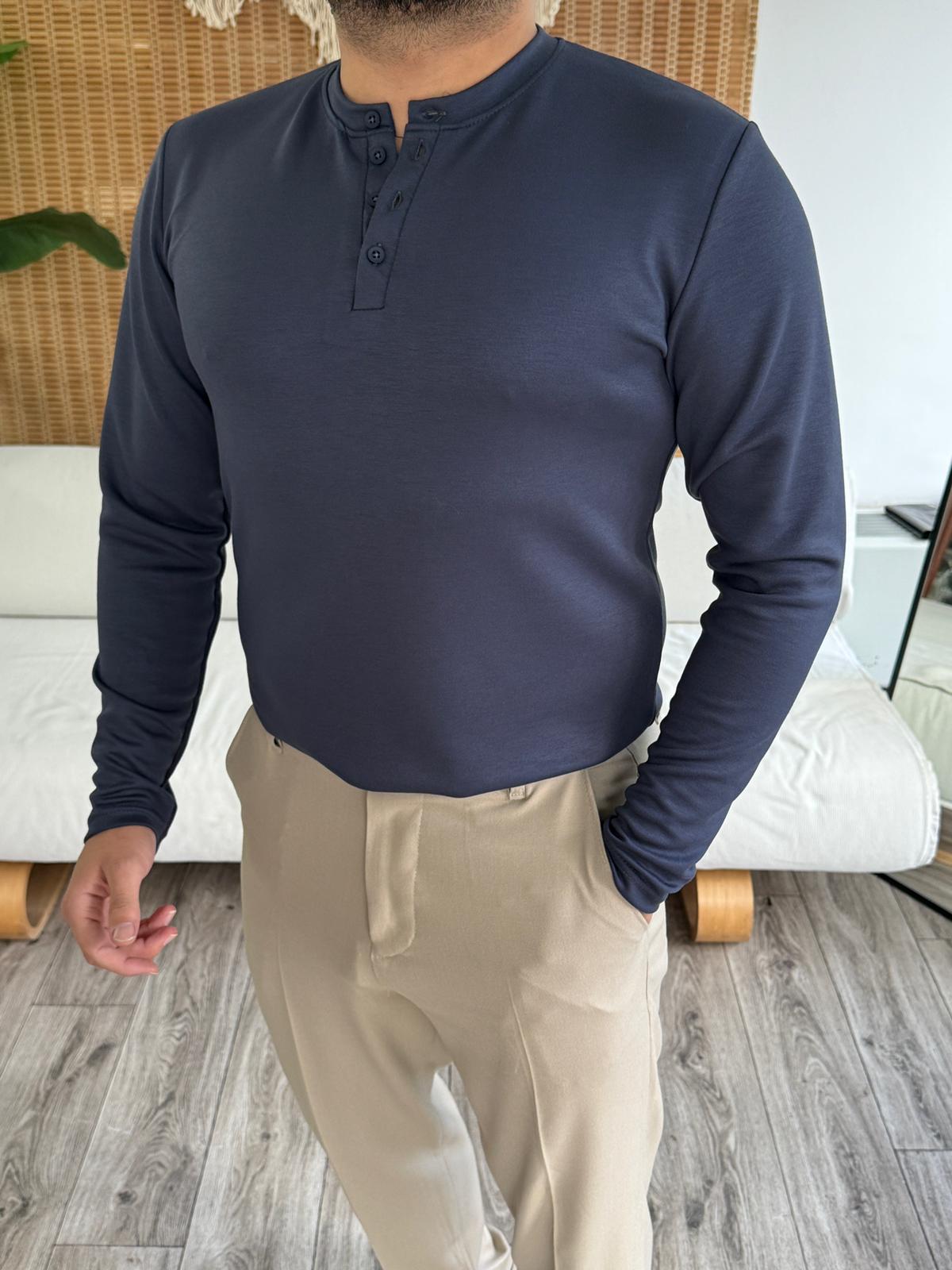 Modal Kumaş Premium Düğmeli Sweatshirt - İndigo