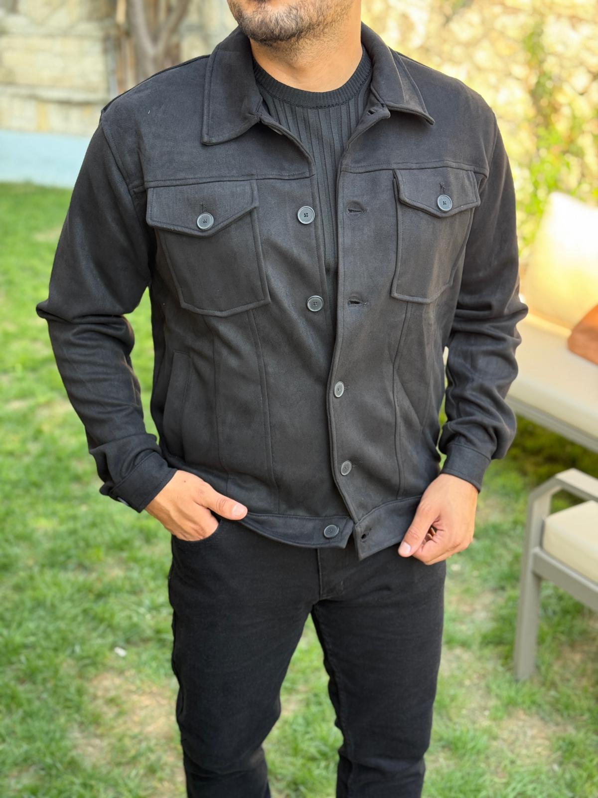 Nubuk Kumaş Tam Kalıp Üst Cep Kapaklı Ceket  - Siyah