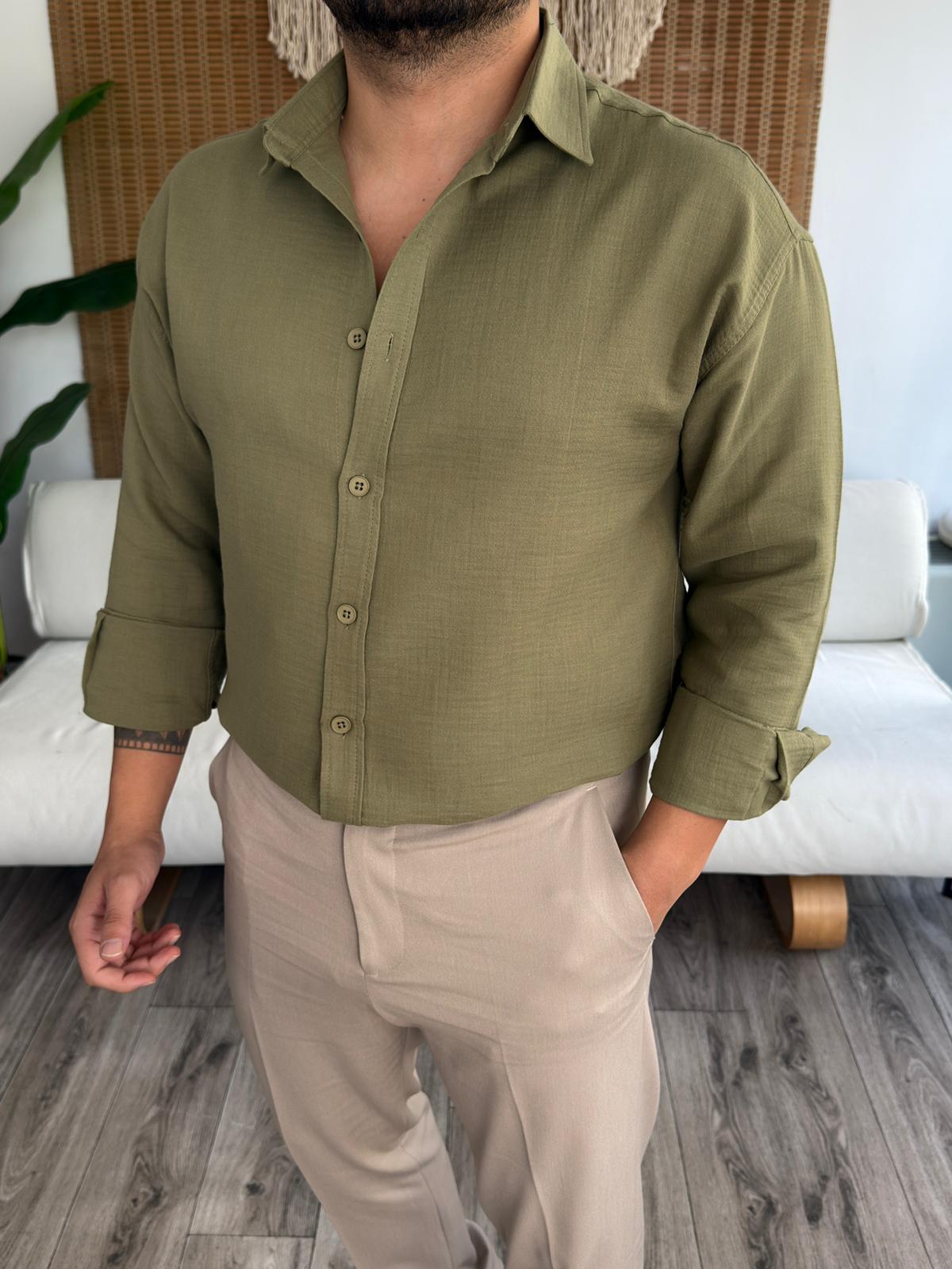 Regular Kalıp Müslin Kumaş %100 Pamuklu Gömlek - Haki Yeşili