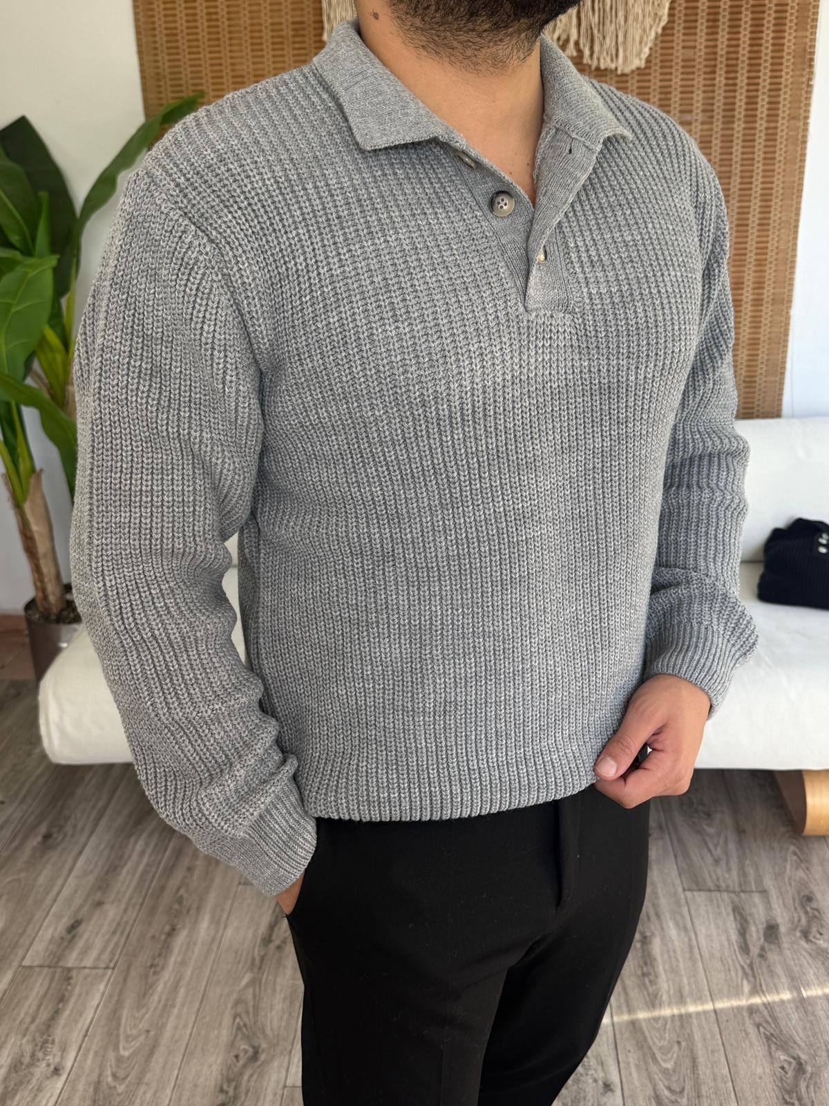 Düğme Kapama Kalın Triko Kazak - Gri