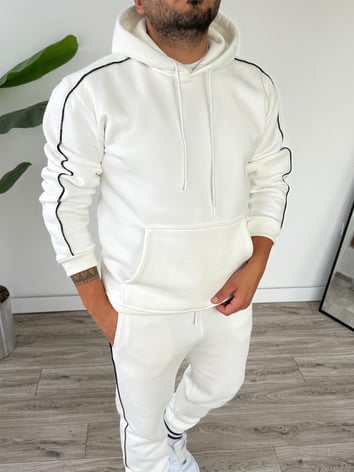 Kapüşonlu Kanguru Cepli Biyeli Alt Üst Takım - Beyaz
