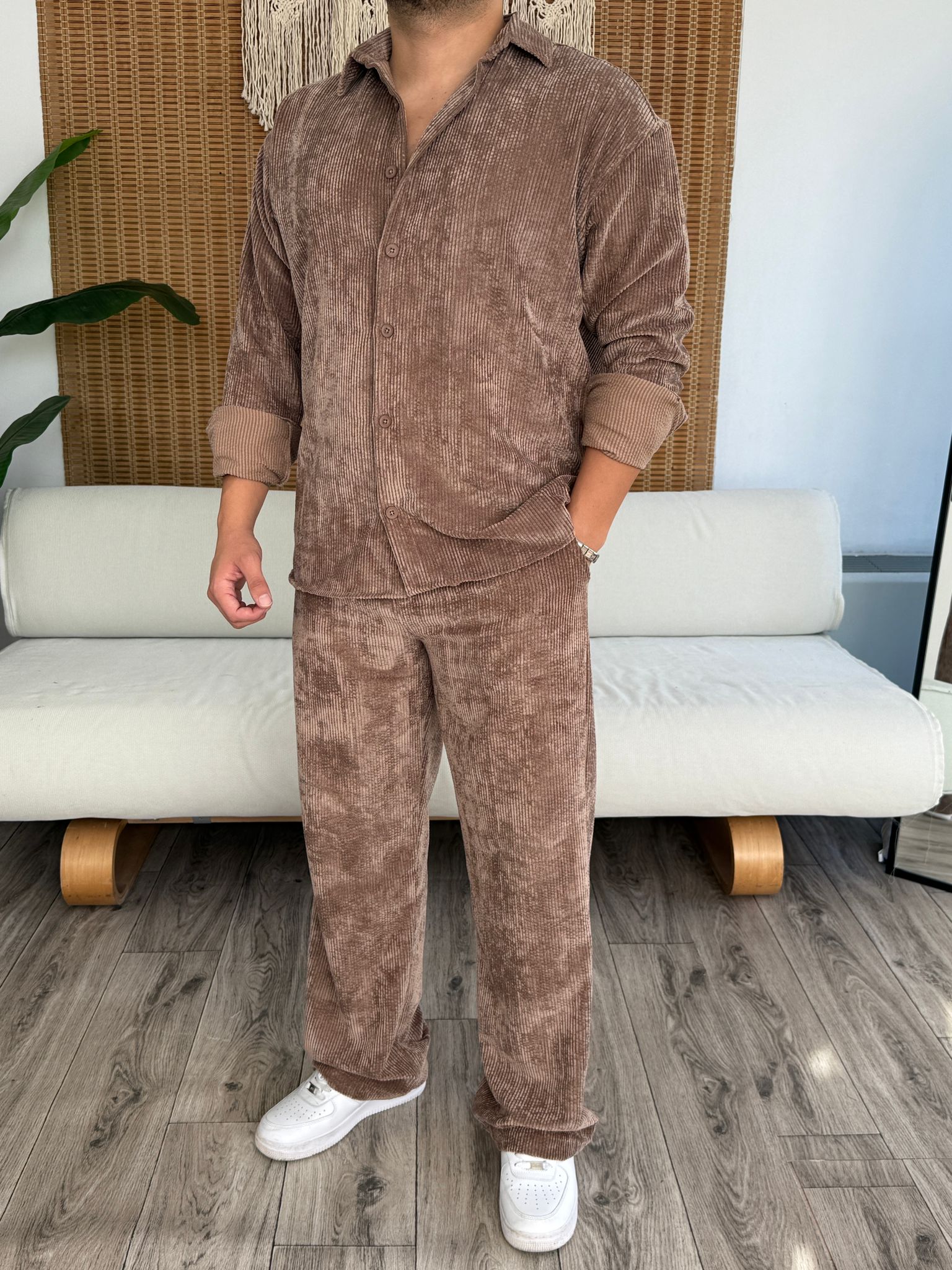 Kadife Alt Baggy Üst Gömlek  - Kahverengi