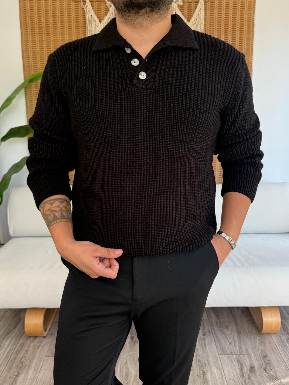 Düğme Kapama Kalın Triko Kazak - Siyah