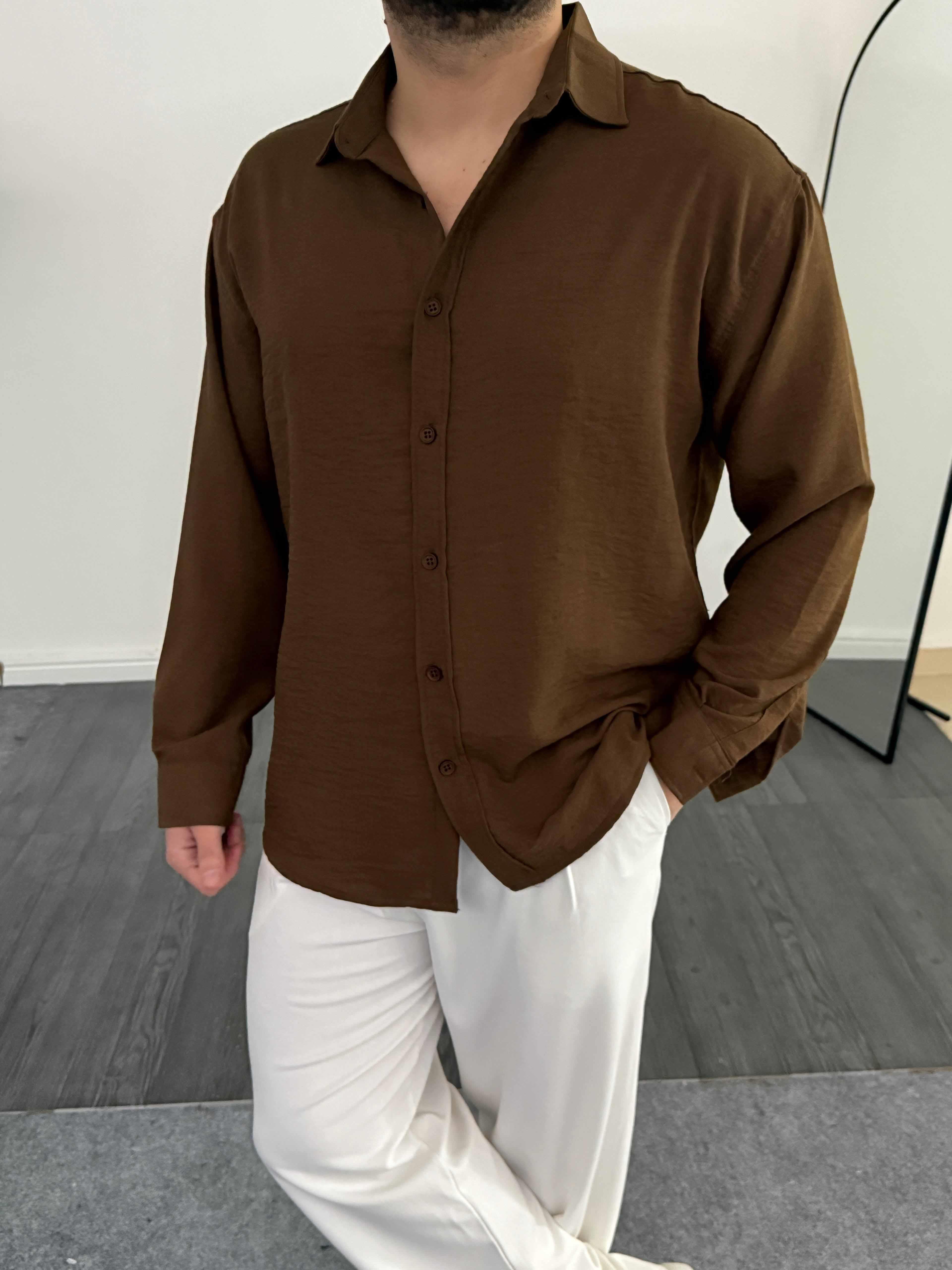 Tam Kalıp Keten Gömlek Kahve