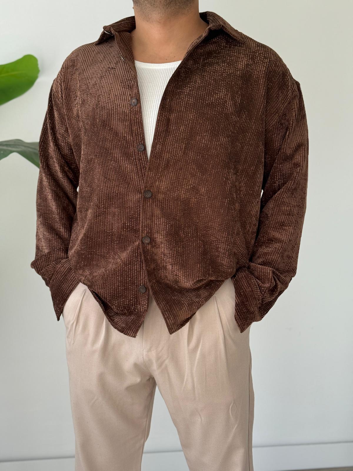 Oversize Kadife Gömlek  - Acı Kahve