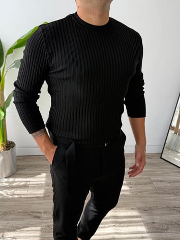 Bisiklet Yaka Fitilli İnce Triko Kazak - Siyah