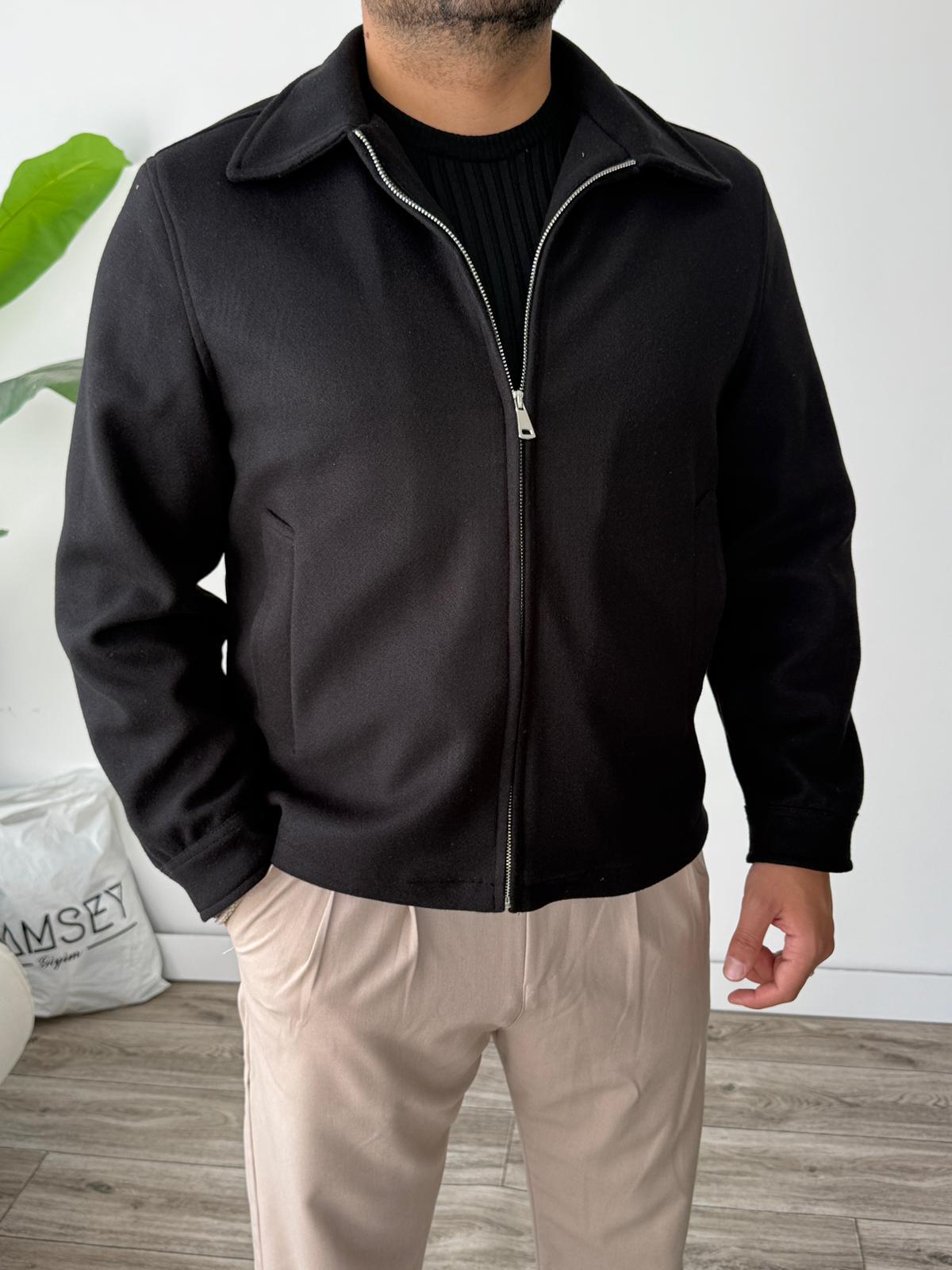 Klasik Tam Kalıp Kaşe Yakalı Ceket  - Siyah