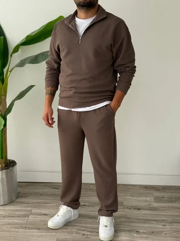 Petek Örme Alt Üst Yarım Fermuarlı Takım - Kahverengi