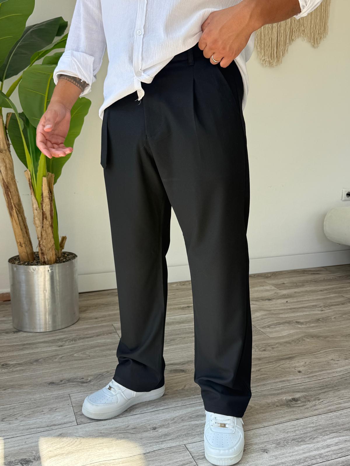 Premium Kemerli Tek Pileli Kumaş Baggy Pantolon  - Siyah